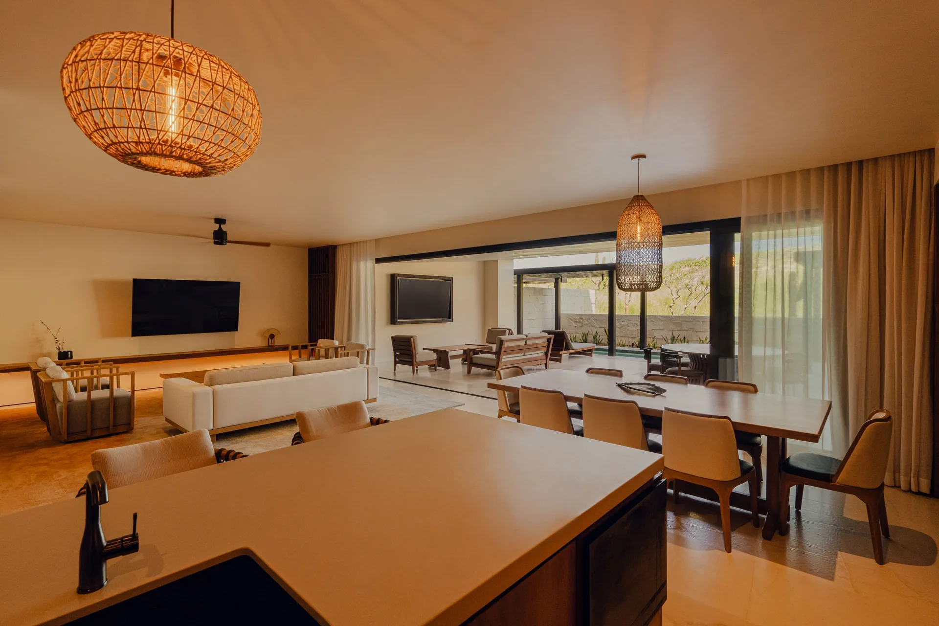 Sakyu 3 Bedrooms open living and dining area with terrace at Nobu Hotel Los Cabos.