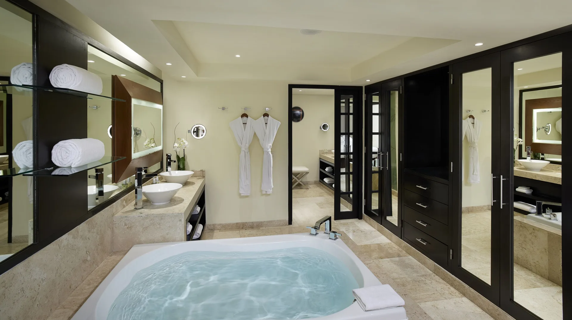 Master Suite Nature View bathroom with soaking tub and dual sinks at Paradisus La Perla Riviera Maya.