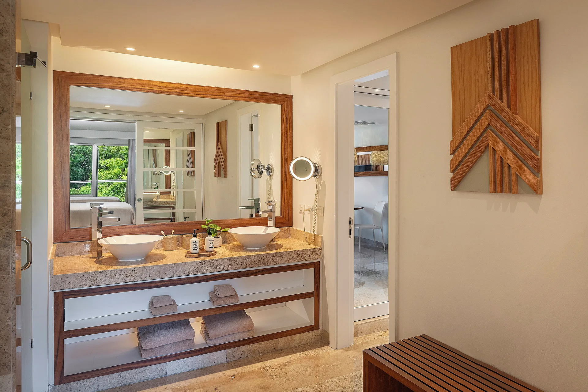 Reserve Suite Swim Up bathroom vanity with double sinks at Paradisus La Perla Riviera Maya.