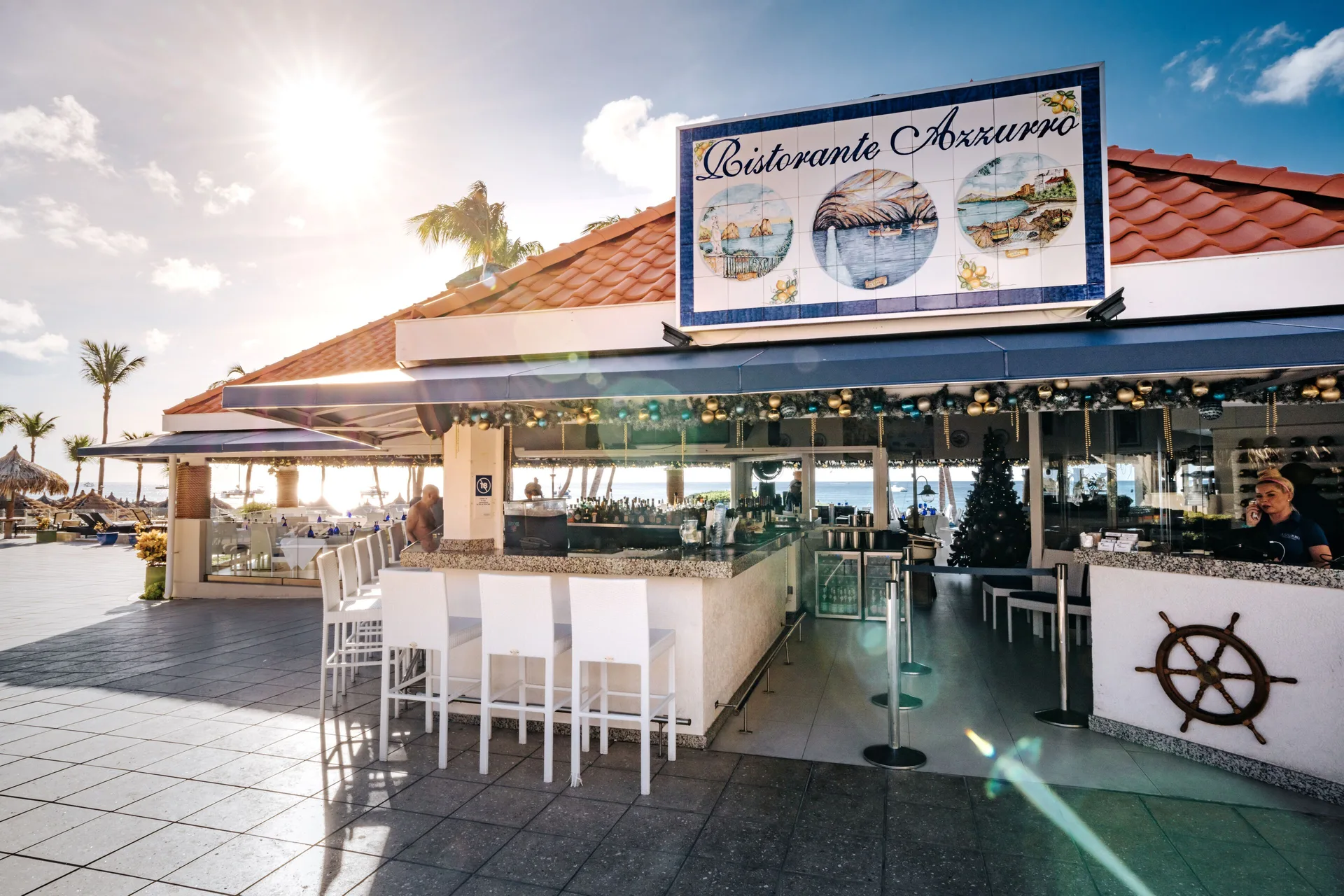 Azzurro restaurant entrance and bar at Playa Linda Beach Resort.