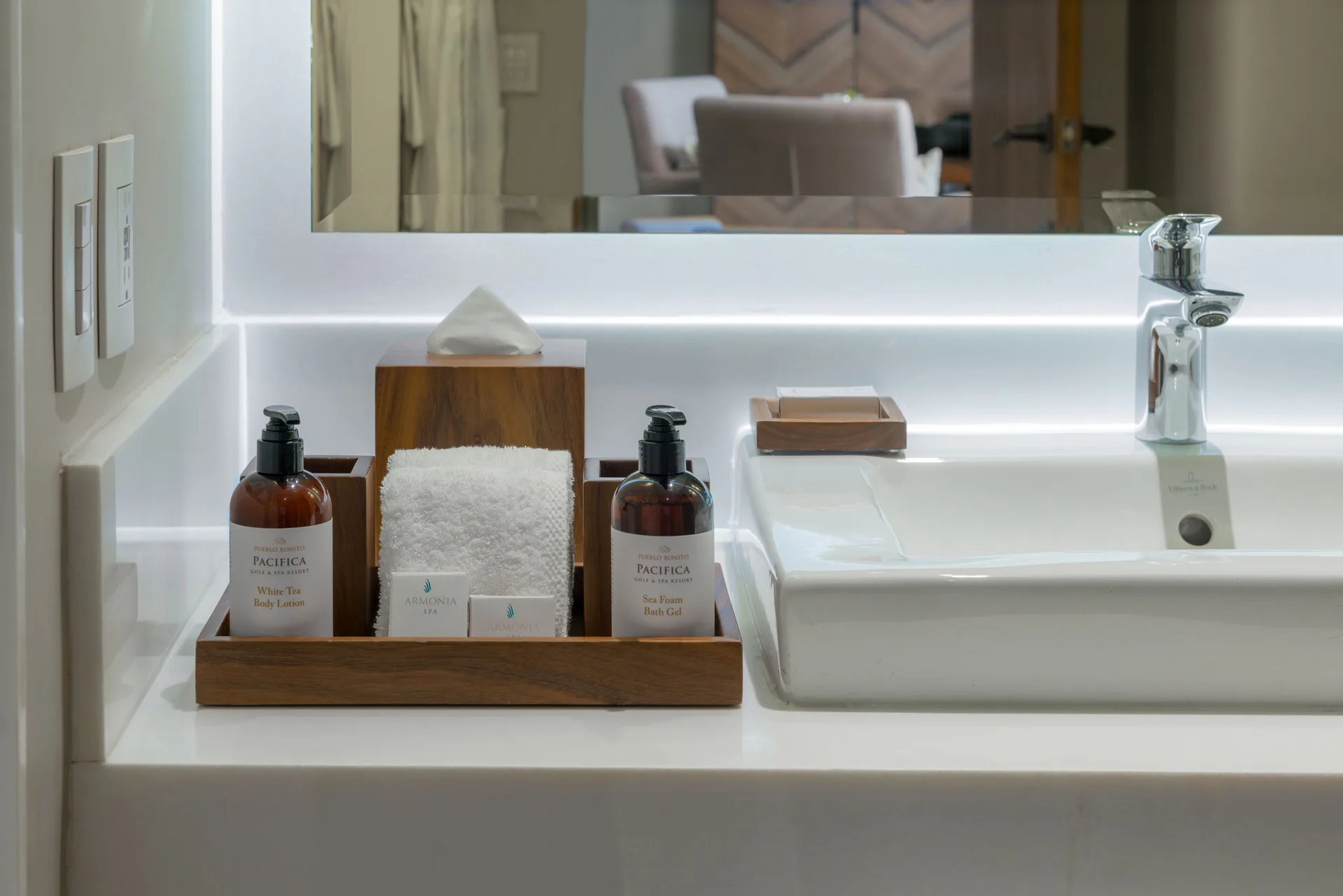 Towers Deluxe Ocean View Room vanity amenities at Pueblo Bonito Pacifica Golf & Spa Resort.