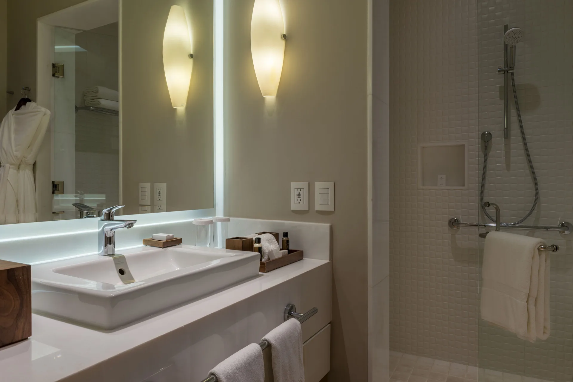 Towers Deluxe Ocean View Room bathroom vanity at Pueblo Bonito Pacifica Golf & Spa Resort.