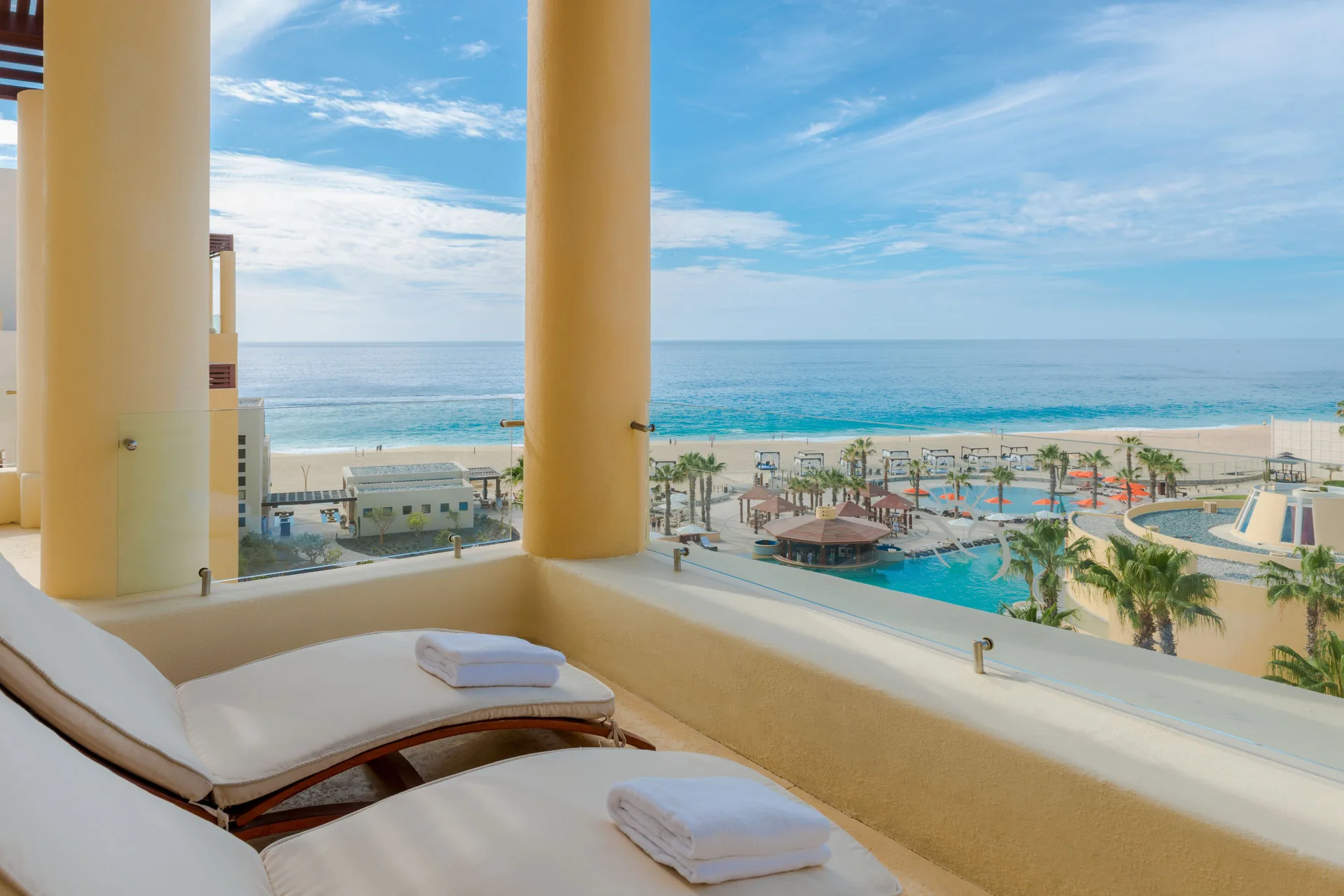 Towers Ocean View Suite balcony loungers at Pueblo Bonito Pacifica Golf & Spa Resort facing the ocean.