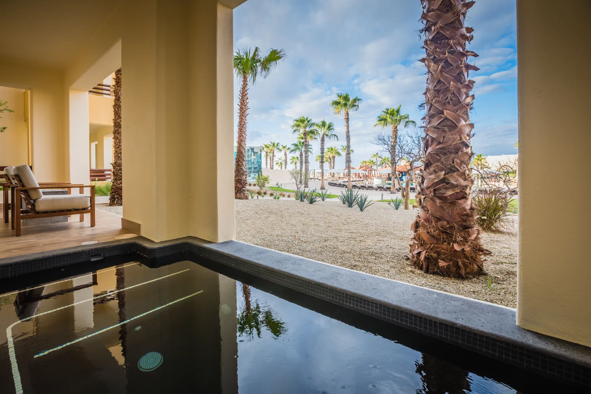 Private pool patio of a Towers suite at Pueblo Bonito Pacifica Golf & Spa Resort with palms beyond.
