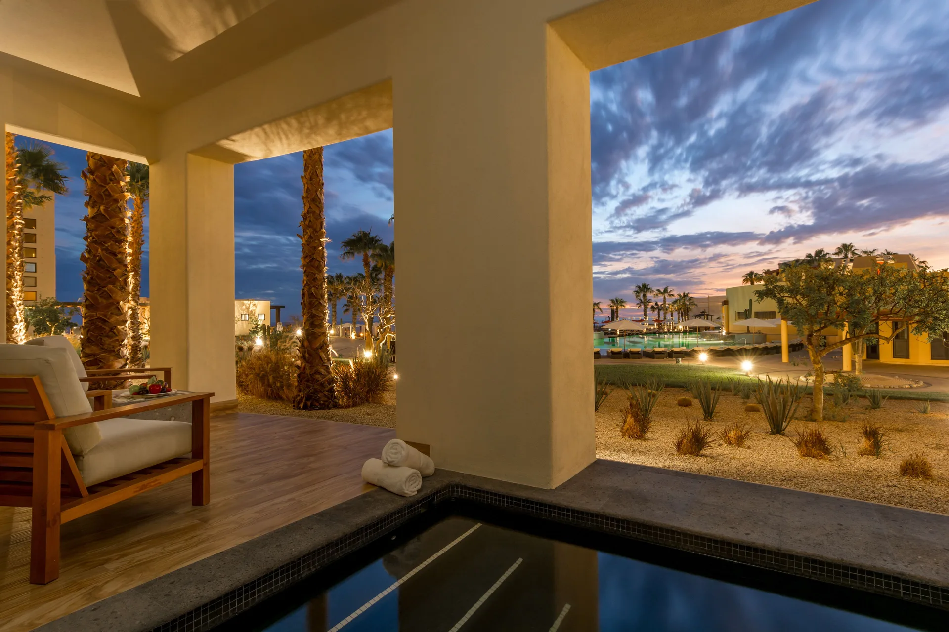 Twilight private pool patio at Pueblo Bonito Pacifica Golf & Spa Resort suite.