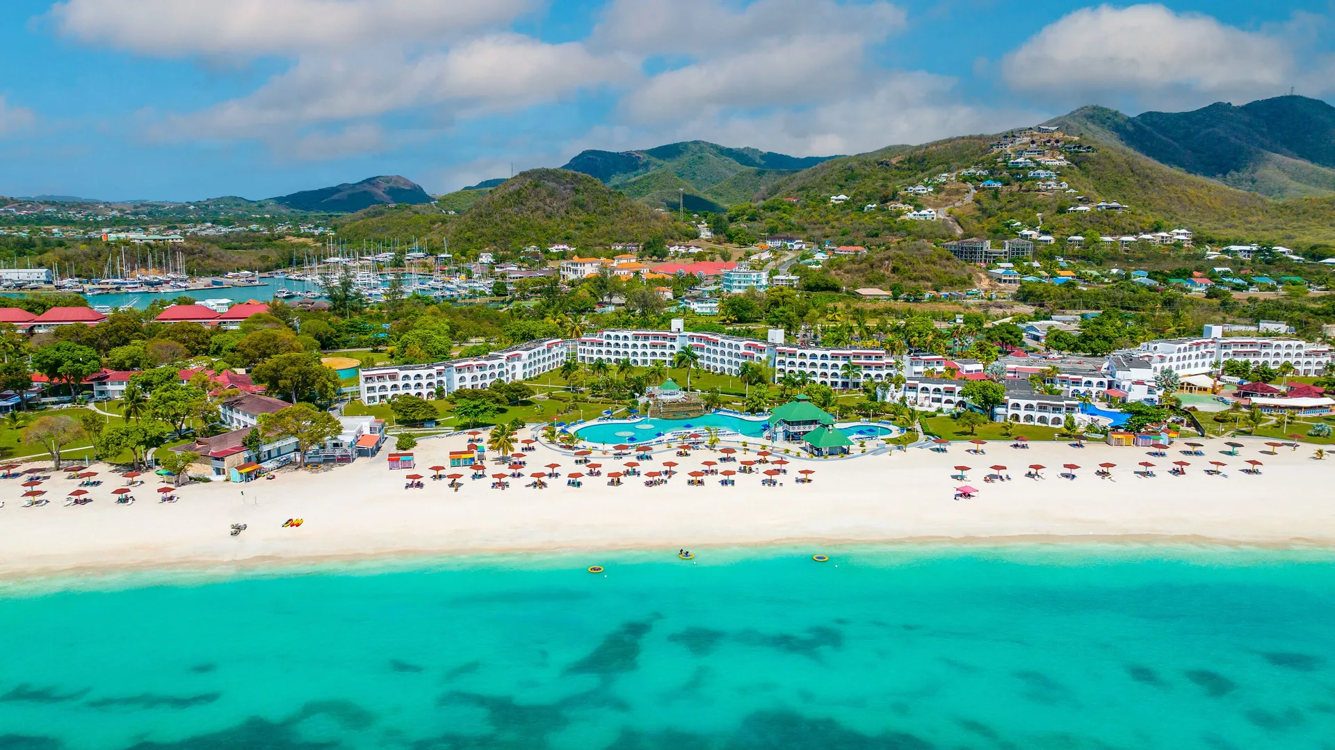 Jolly Beach Antigua casual beach resort with broad white sand shoreline and classic Caribbean setting