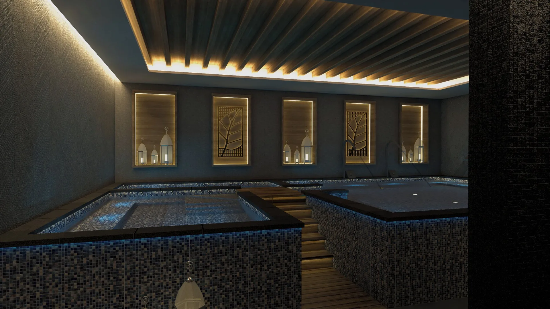 Dim spa hydrotherapy pools with mosaic tile and warm lighting at Royalton CHIC Antigua.