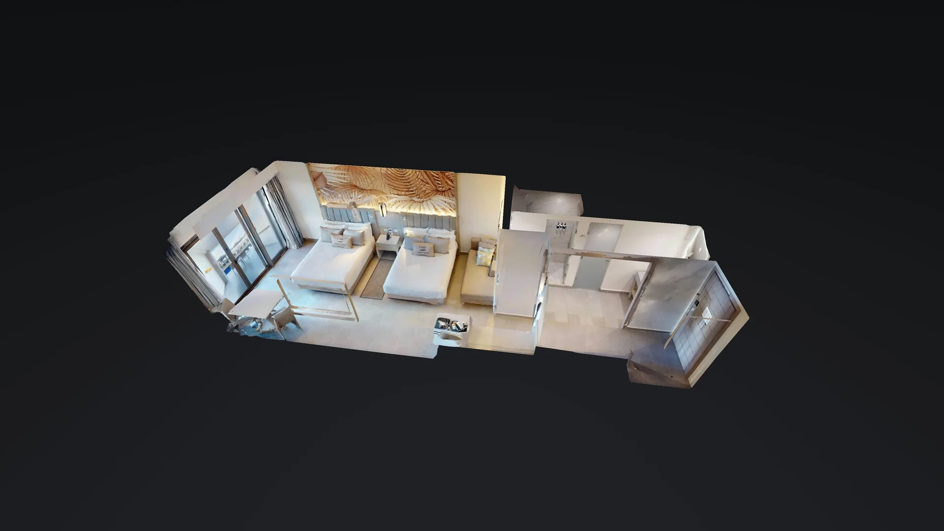 3D floor plan view of a two-bed beachfront swim-out junior suite at Royalton CHIC Antigua.