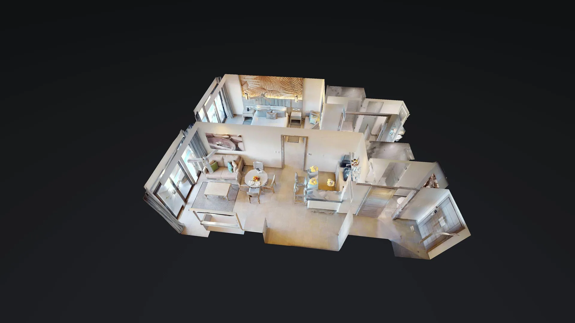 3D floor plan of a one-bedroom suite layout at Royalton CHIC Antigua.