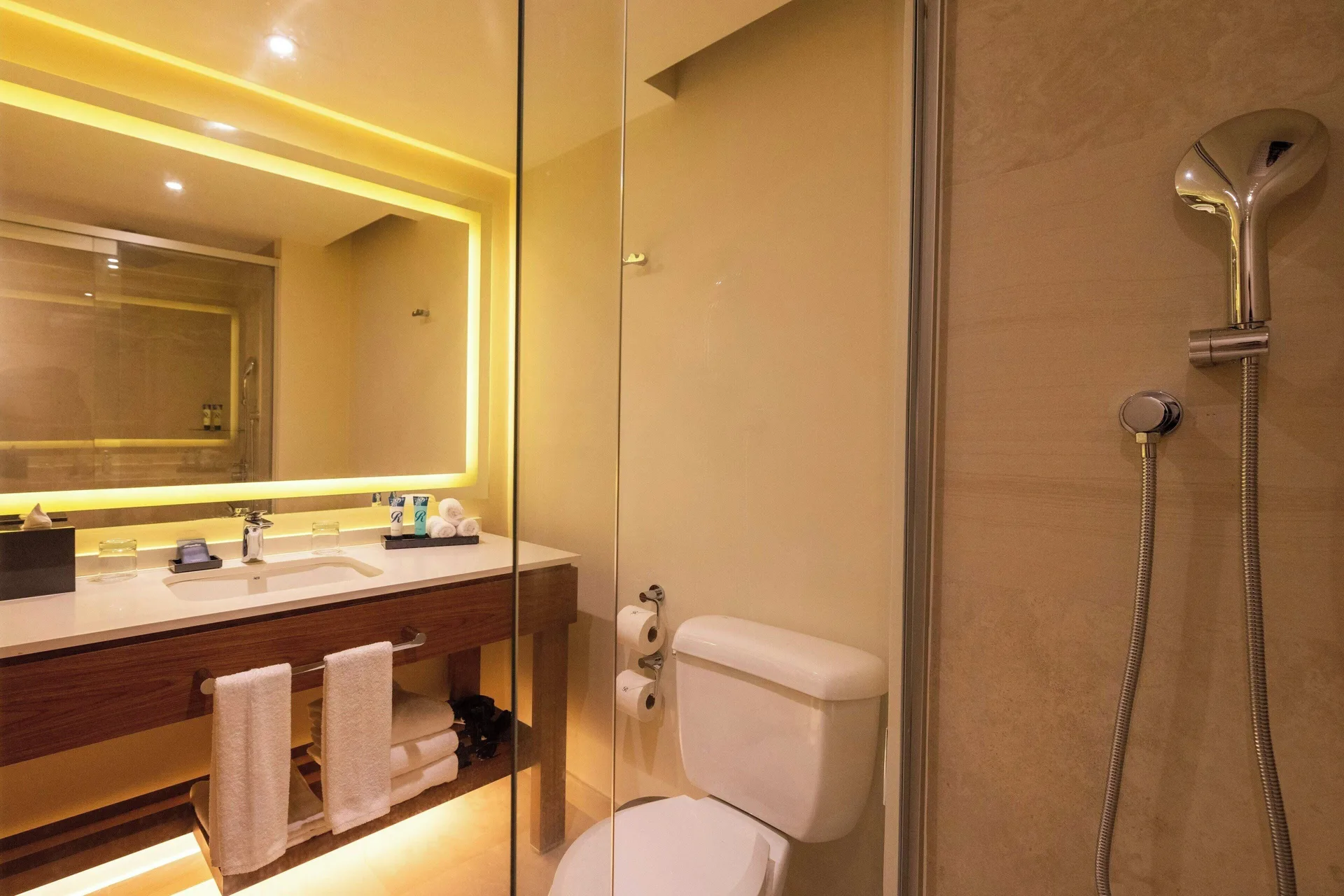 Luxury Room bathroom vanity, toilet and glass shower at Royalton Grenada.