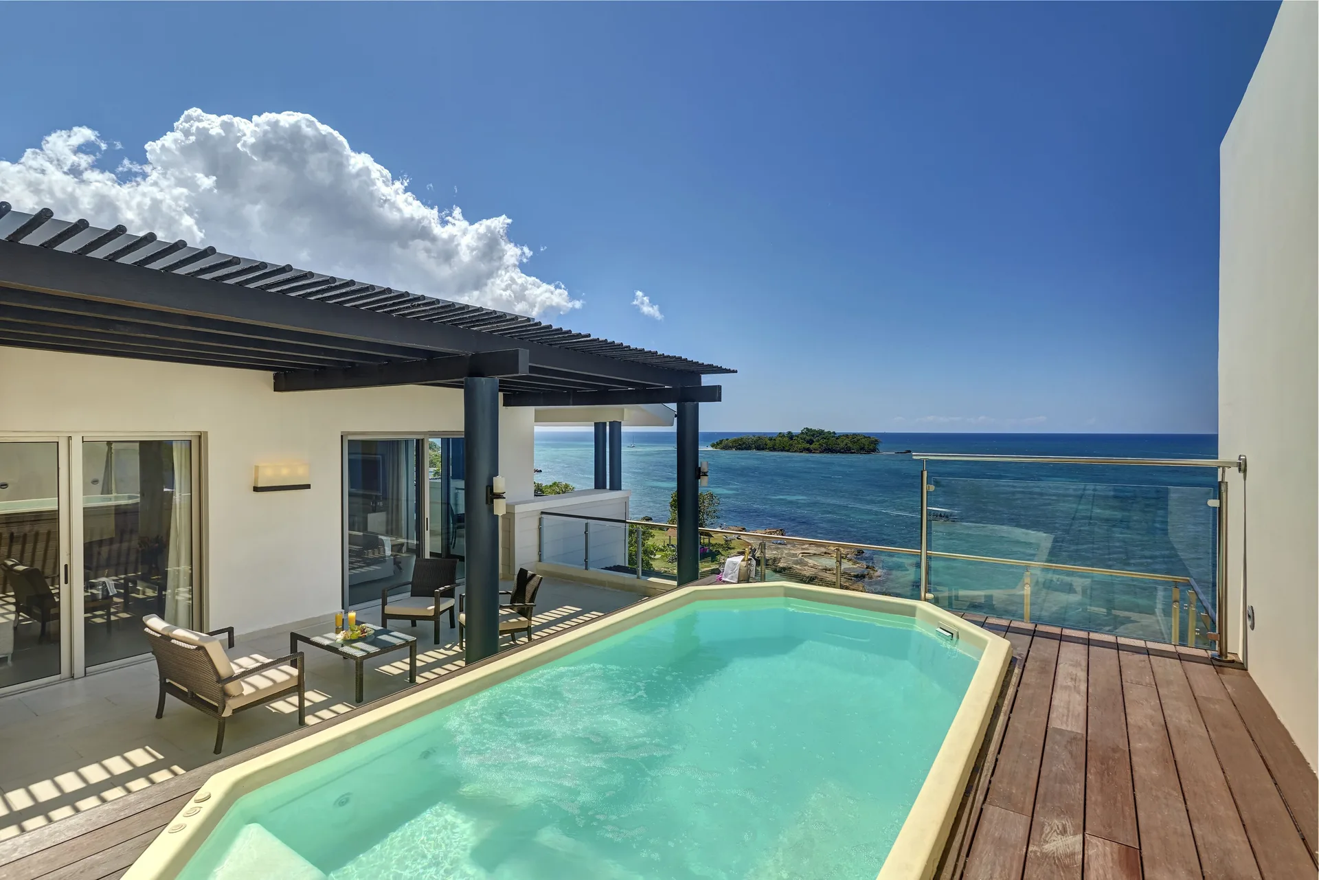 Ocean-view penthouse terrace with private pool and seating at Royalton Negril.