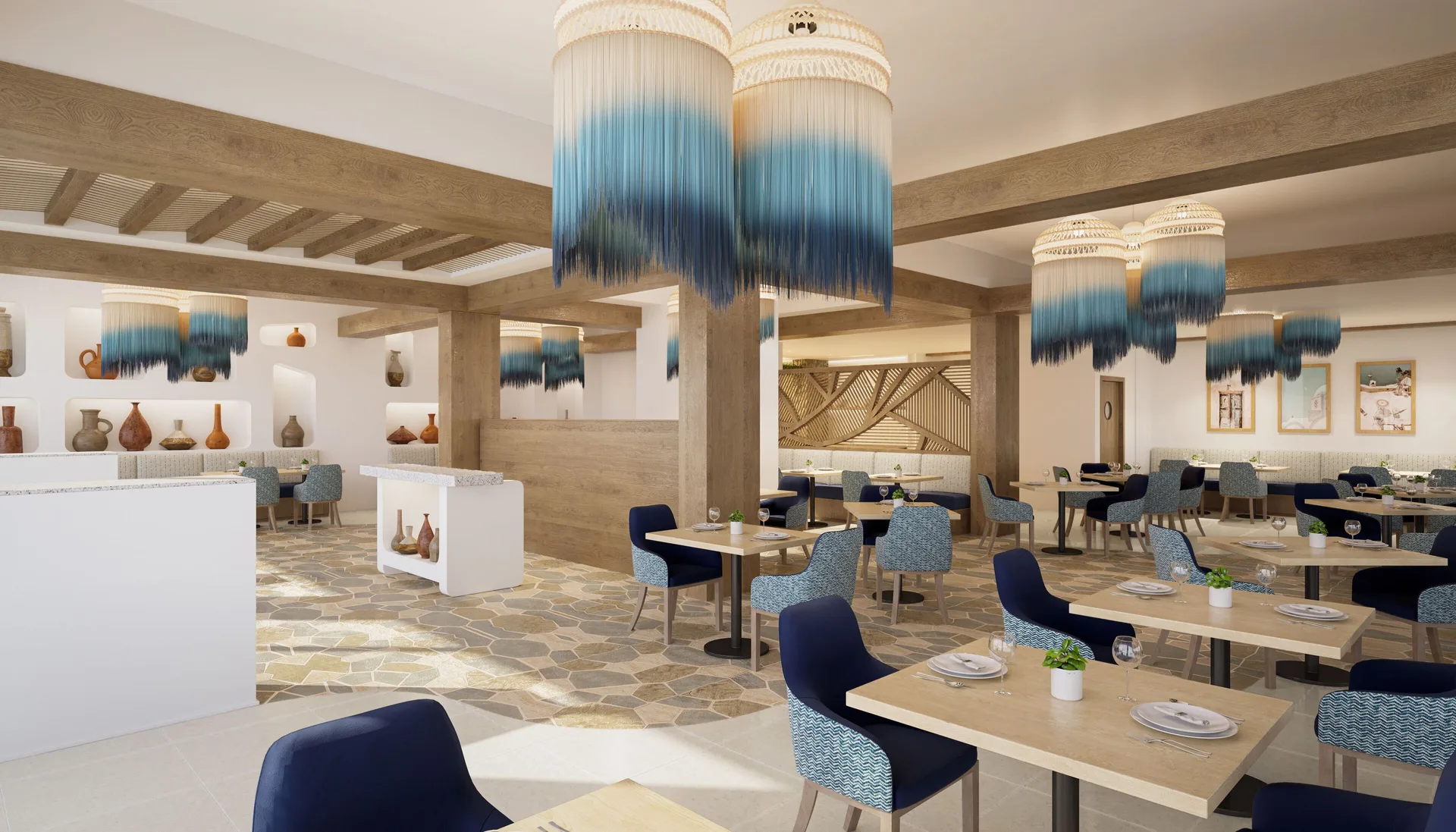 Dining room with blue fringe chandeliers and light wood tables at Sandals Dunns River.
