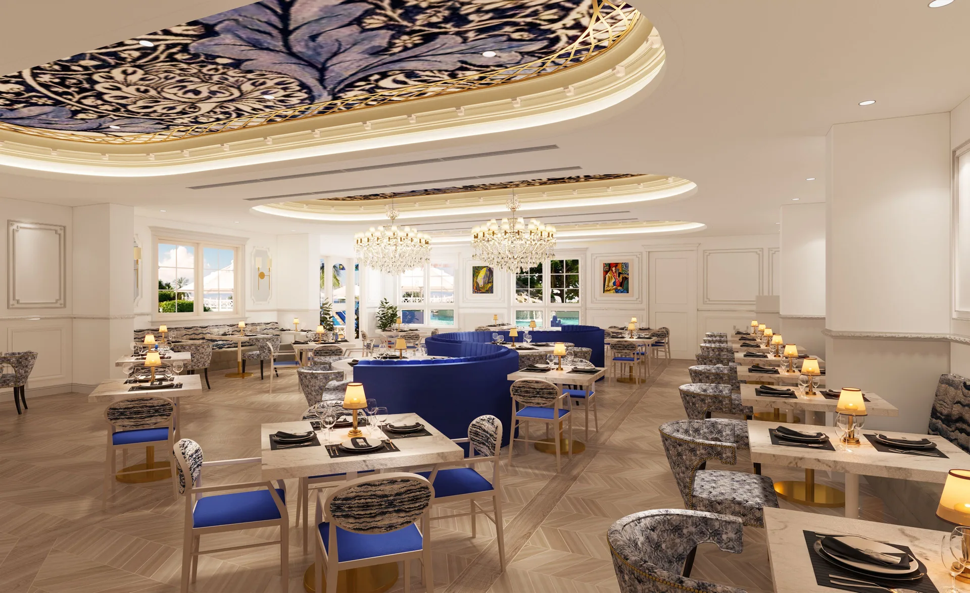 Elegant dining room with blue seating and chandeliers at Sandals Dunns River.