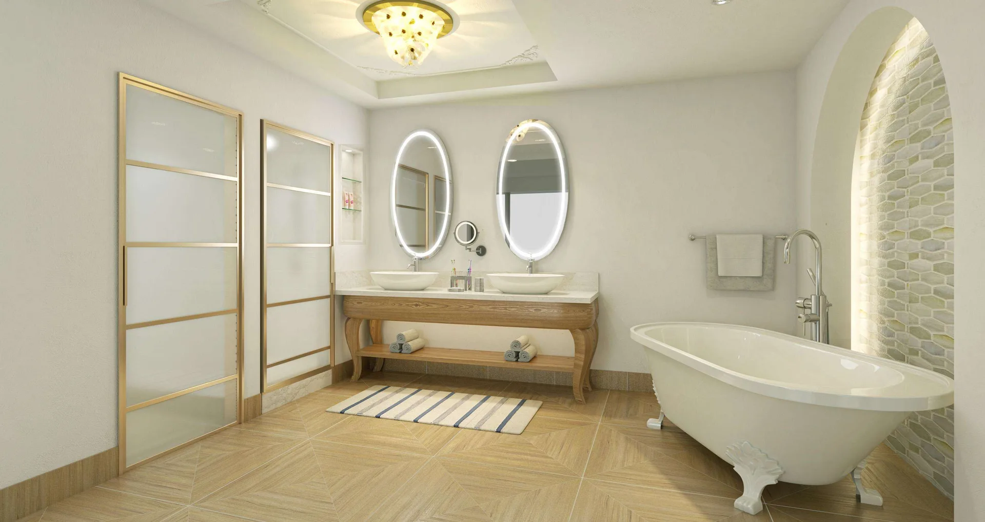 Suite bathroom with double vanity and freestanding tub at Sandals Dunns River.