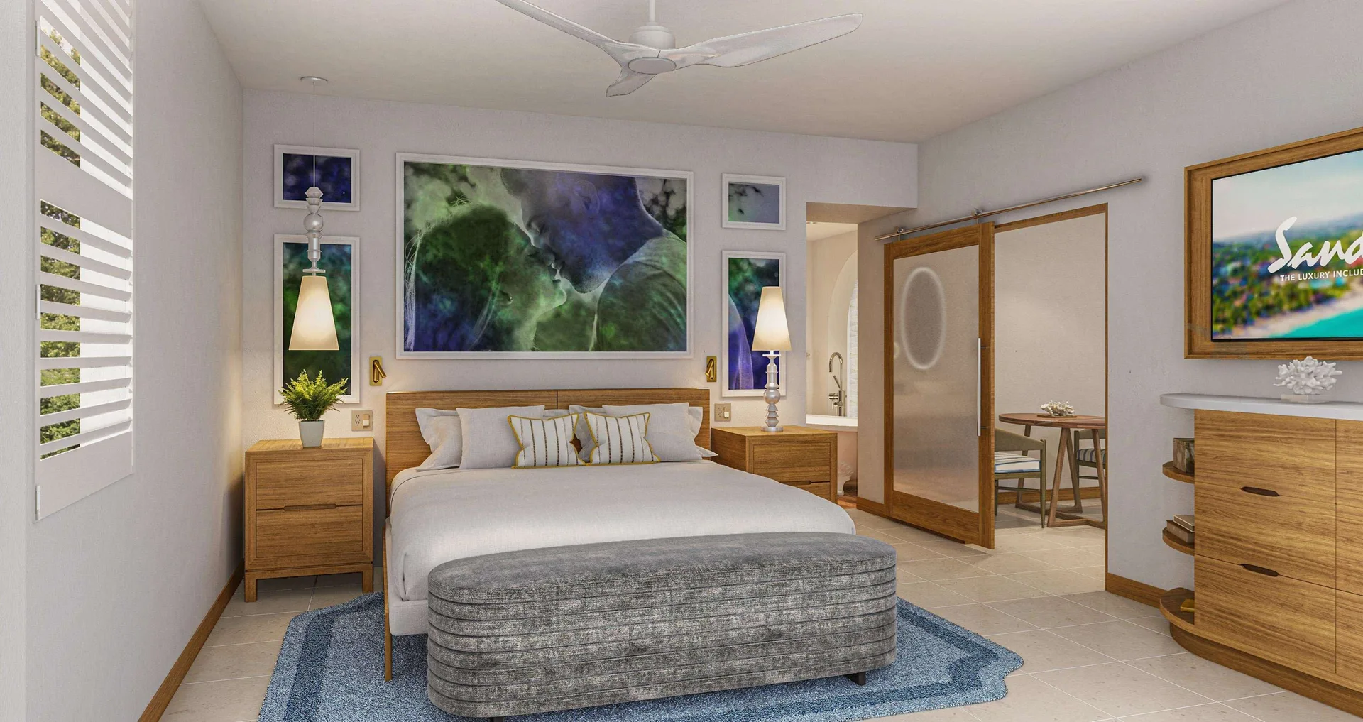 Beachfront one-bedroom suite with king bed and wood furnishings at Sandals Dunns River.