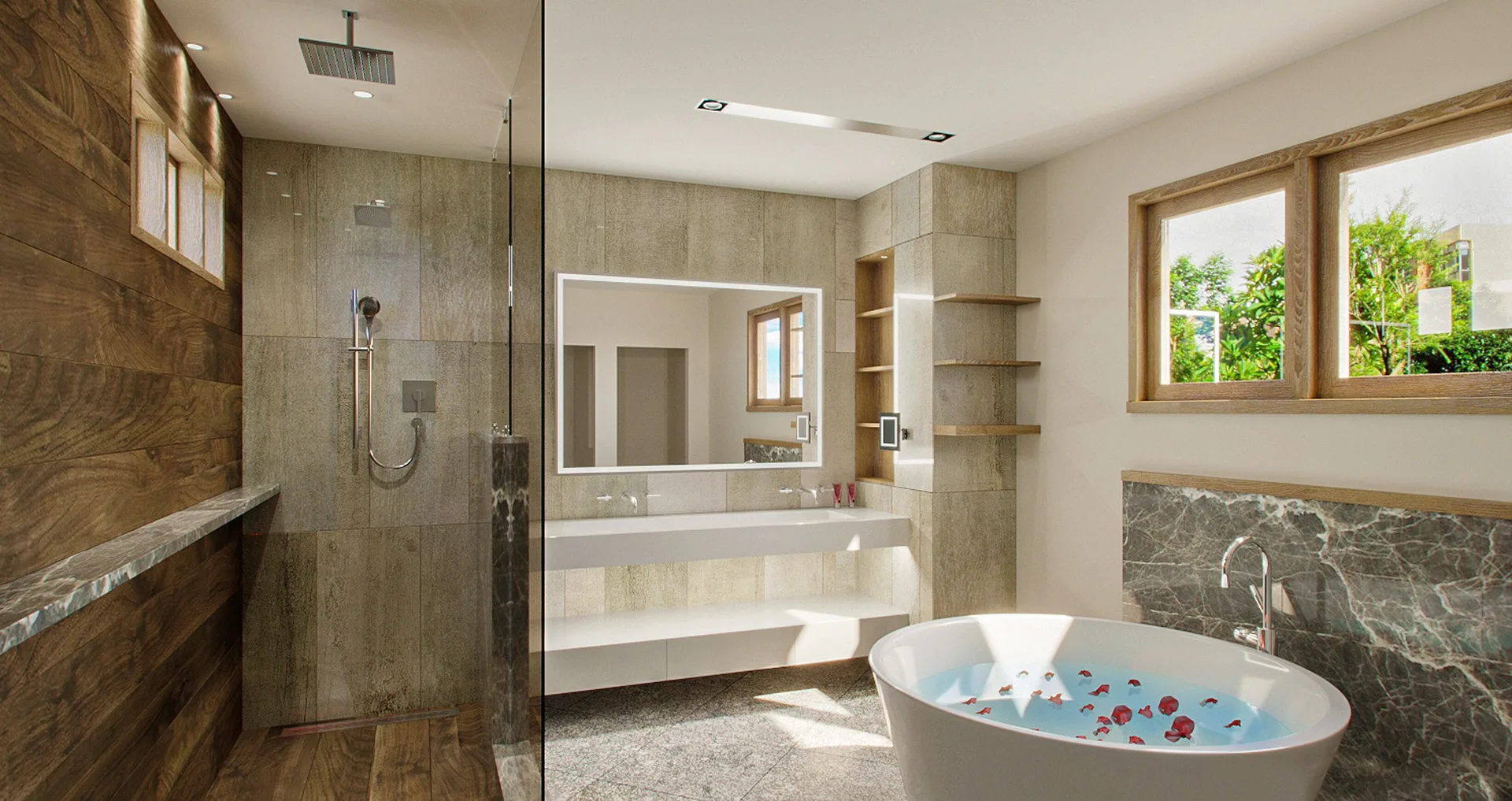 Suite bathroom with glass shower, double vanity, and tub at Sandals Dunns River.