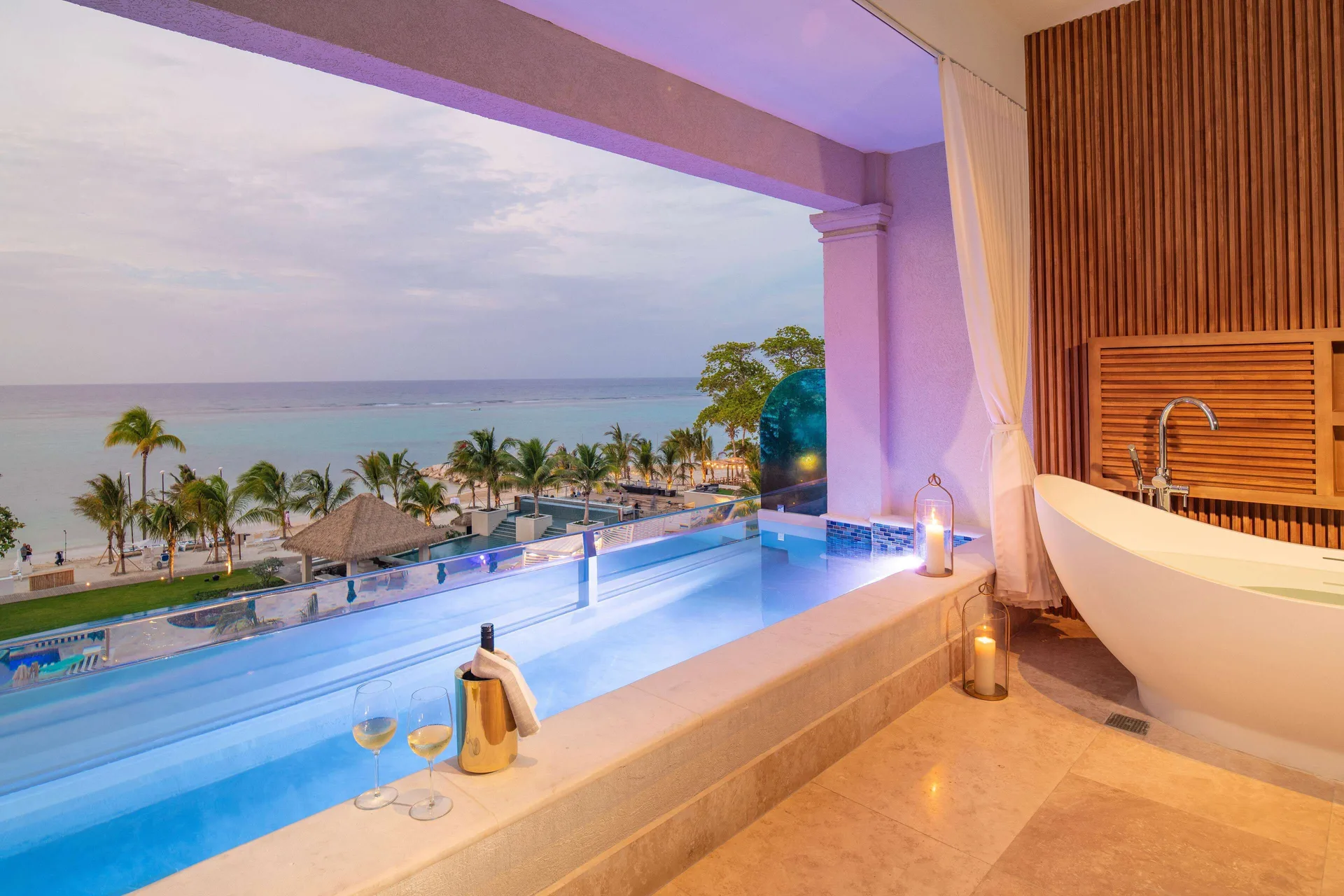 Balcony skypool and soaking tub overlooking the beach at Sandals Dunns River.