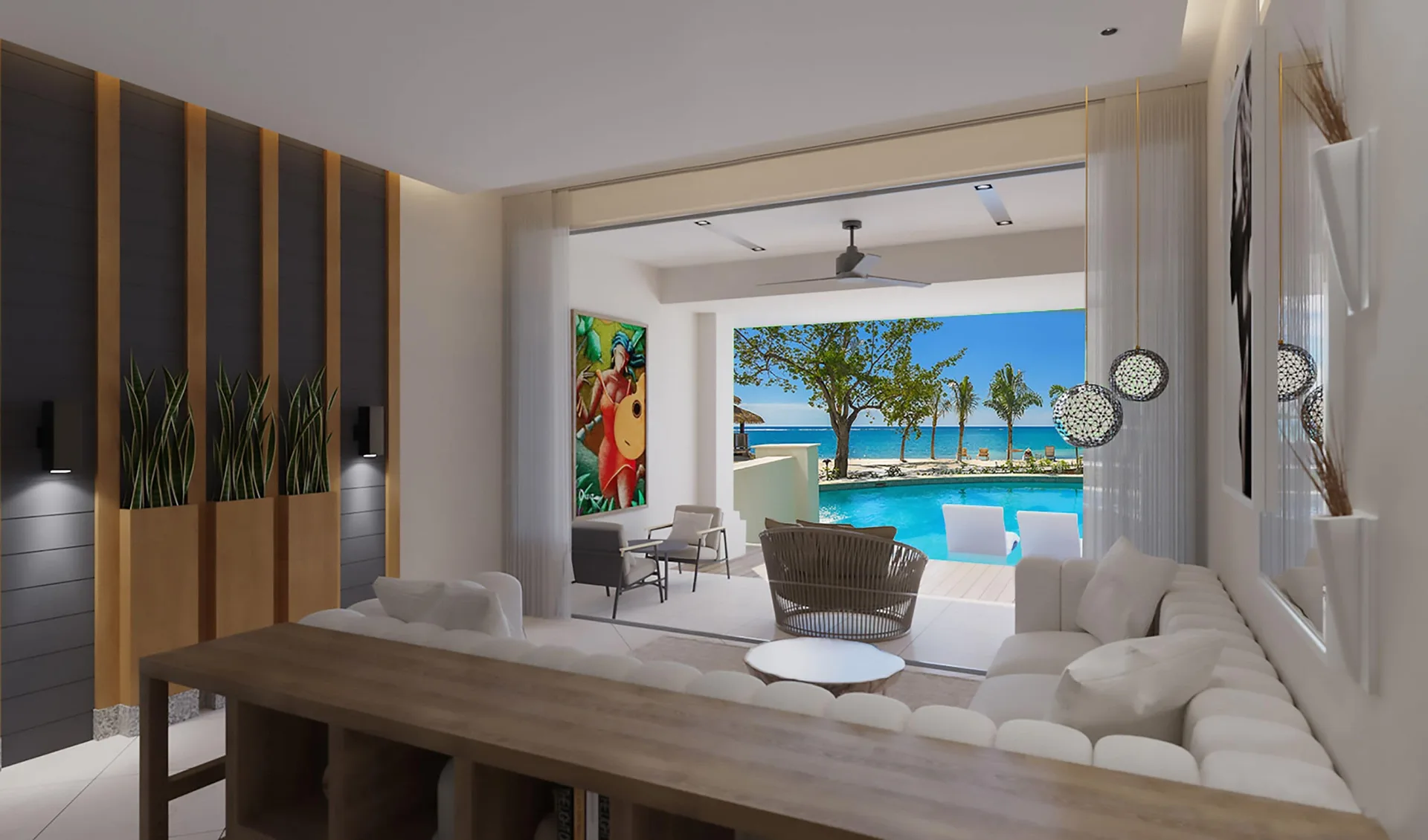 Suite living area at Sandals Dunns River opening to a private pool and ocean view.