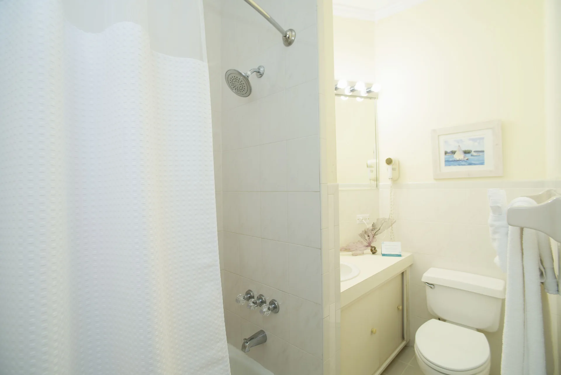 Standard Room bathroom with shower, vanity, and toilet at Sandyport Beach Resort.