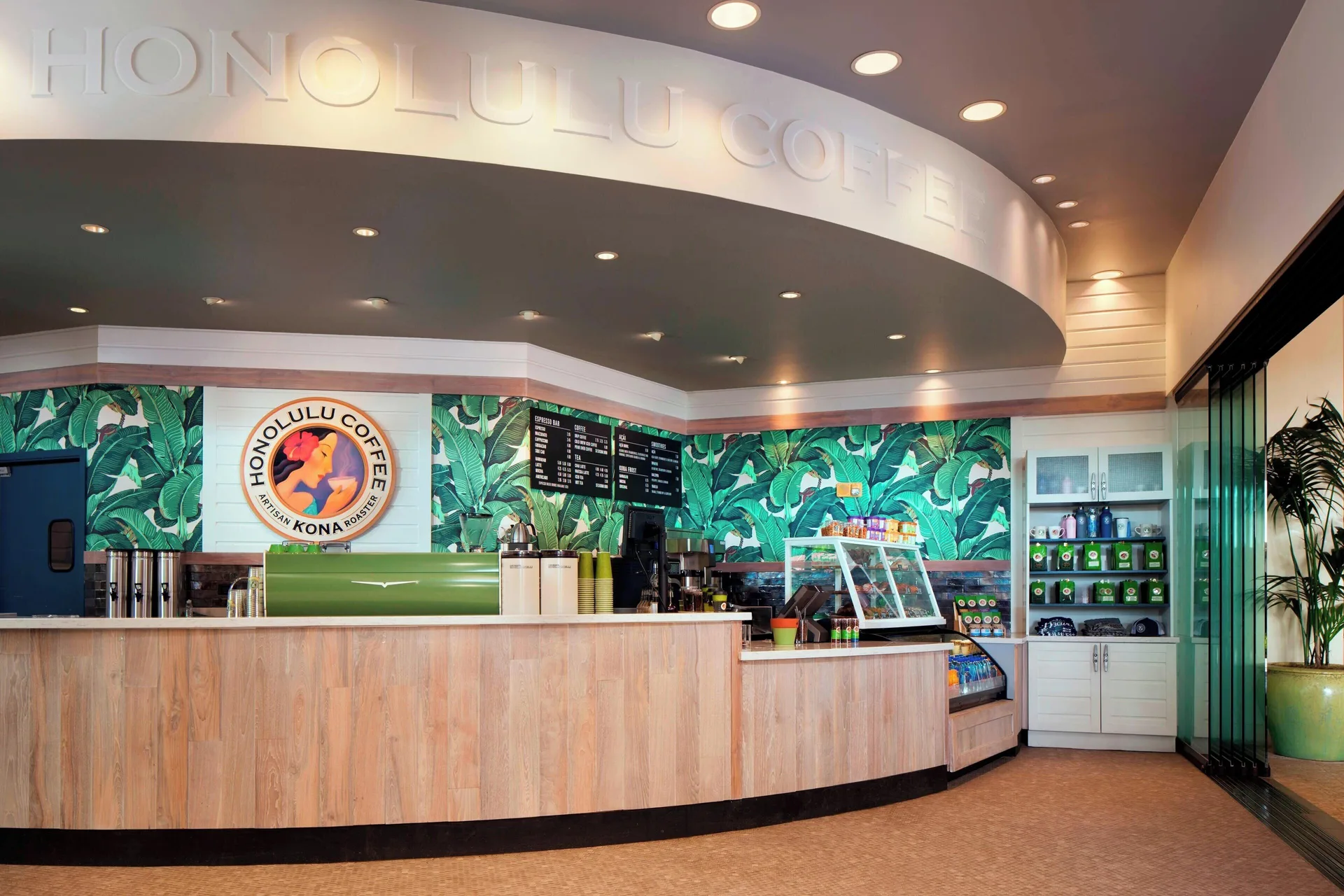 Honolulu Coffee counter and menu boards inside Sheraton Waikiki Beach Resort.