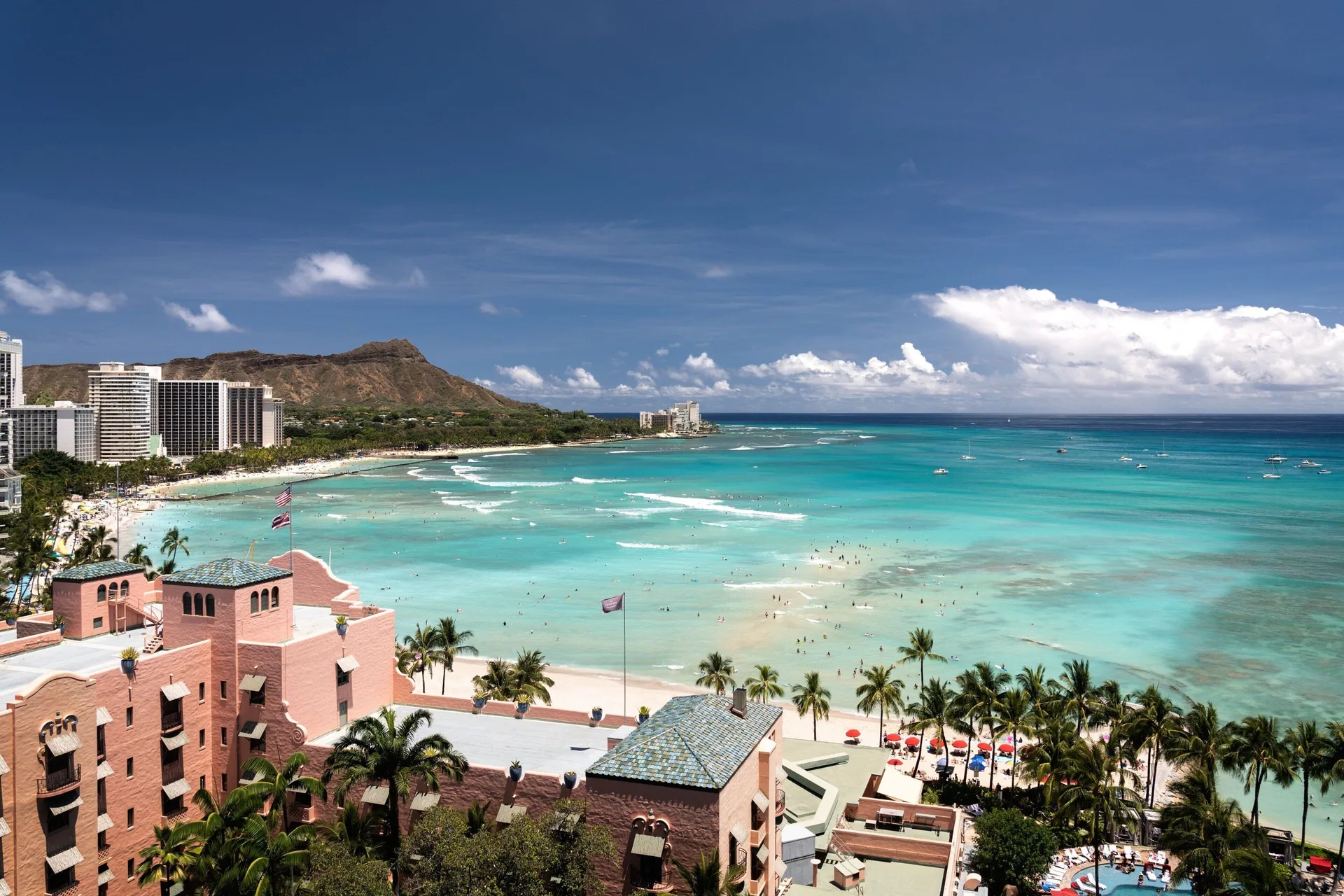 Oceanfront view of Waikiki Beach and Diamond Head from Sheraton Waikiki Beach Resort.