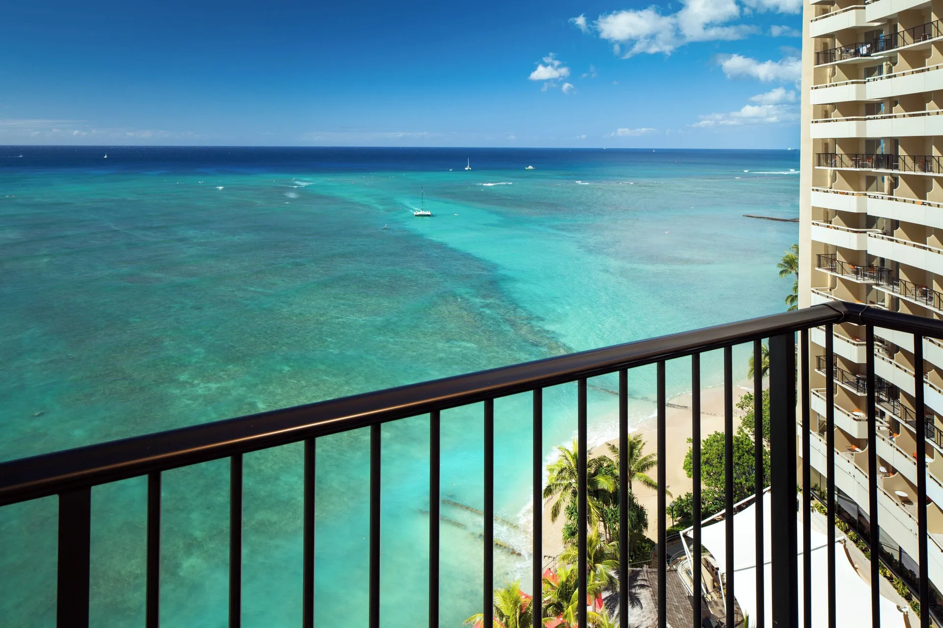 Balcony ocean view from an oceanfront room at Sheraton Waikiki Beach Resort.