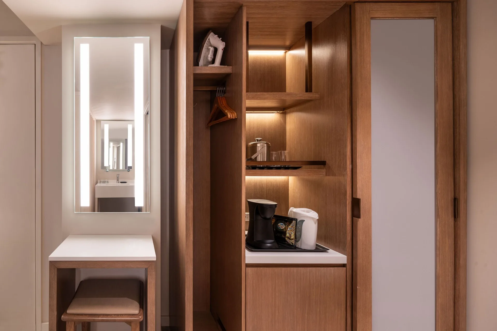 Oceanfront room closet and beverage station at Sheraton Waikiki Beach Resort.