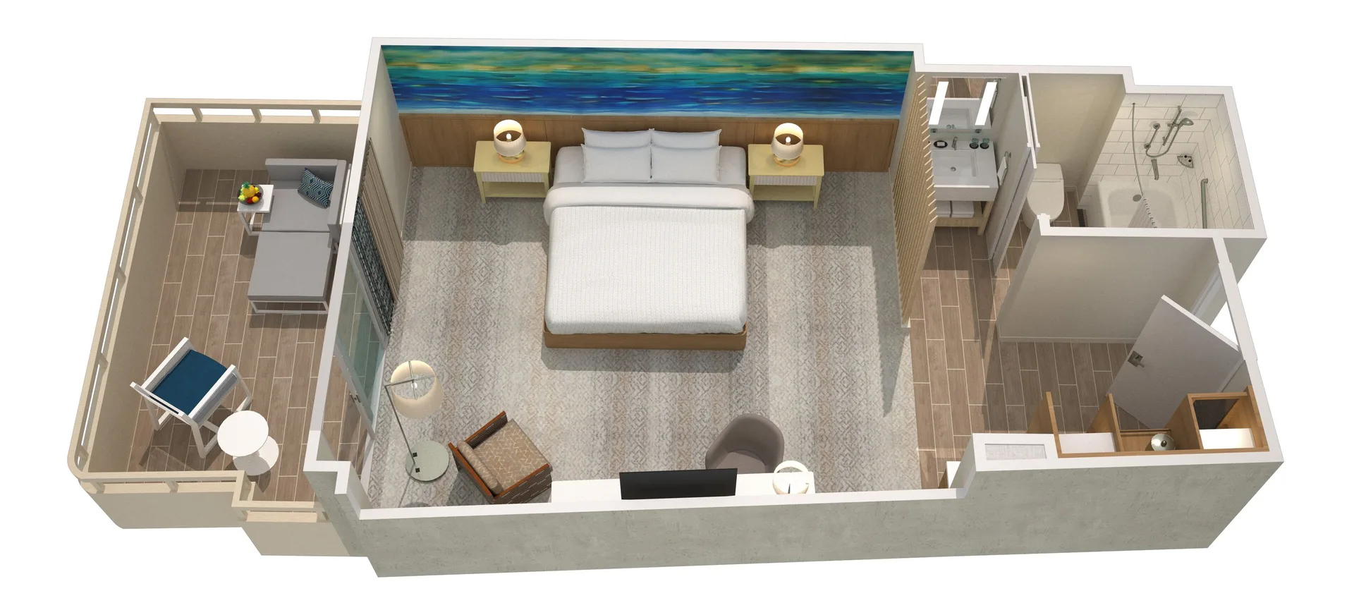 Oceanfront room floor plan with king bed and balcony at Sheraton Waikiki Beach Resort.