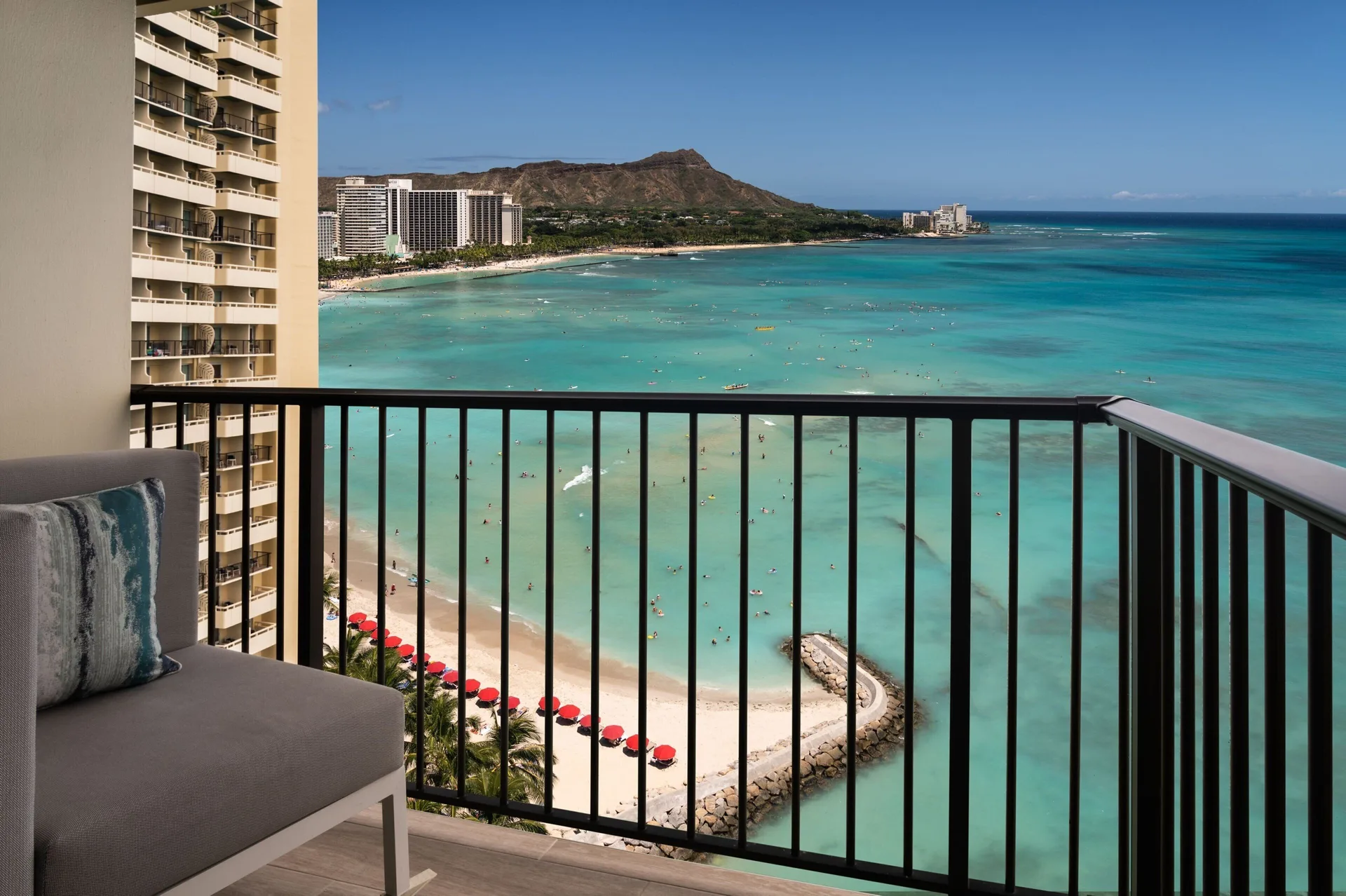 Ohana Suite balcony at Sheraton Waikiki Beach Resort overlooking Waikiki Beach and Diamond Head.