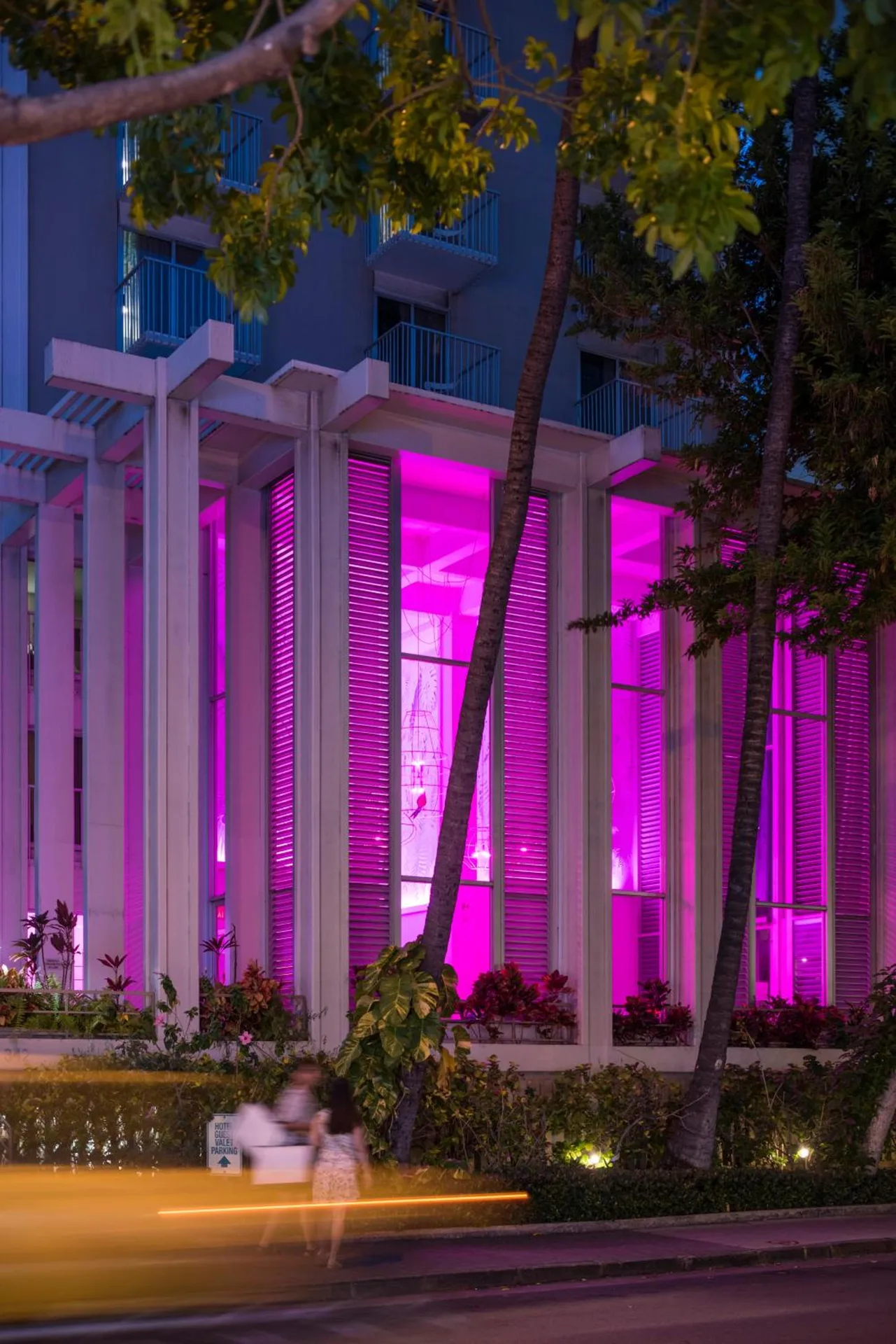Pink-lit exterior windows and palms at Shoreline Hotel Waikiki after dark.