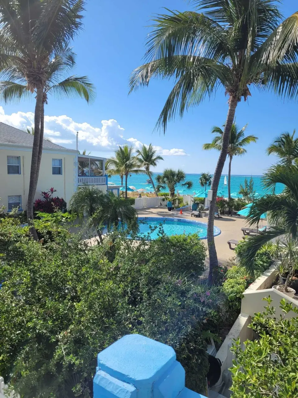 Balcony Room view over gardens, pool and beach at Sibonné Beach Hotel.