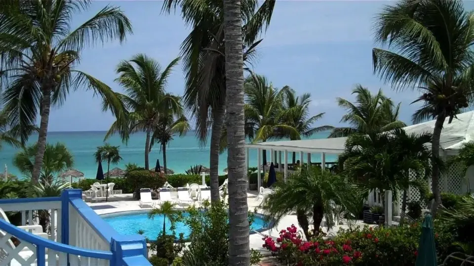 Balcony Room view of pool, palms and ocean at Sibonné Beach Hotel.
