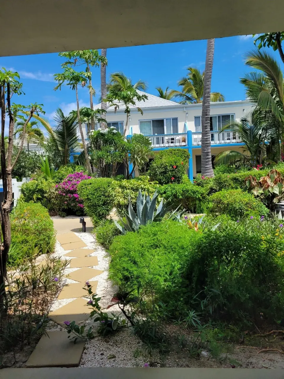Courtyard garden view from a room patio at Sibonné Beach Hotel.