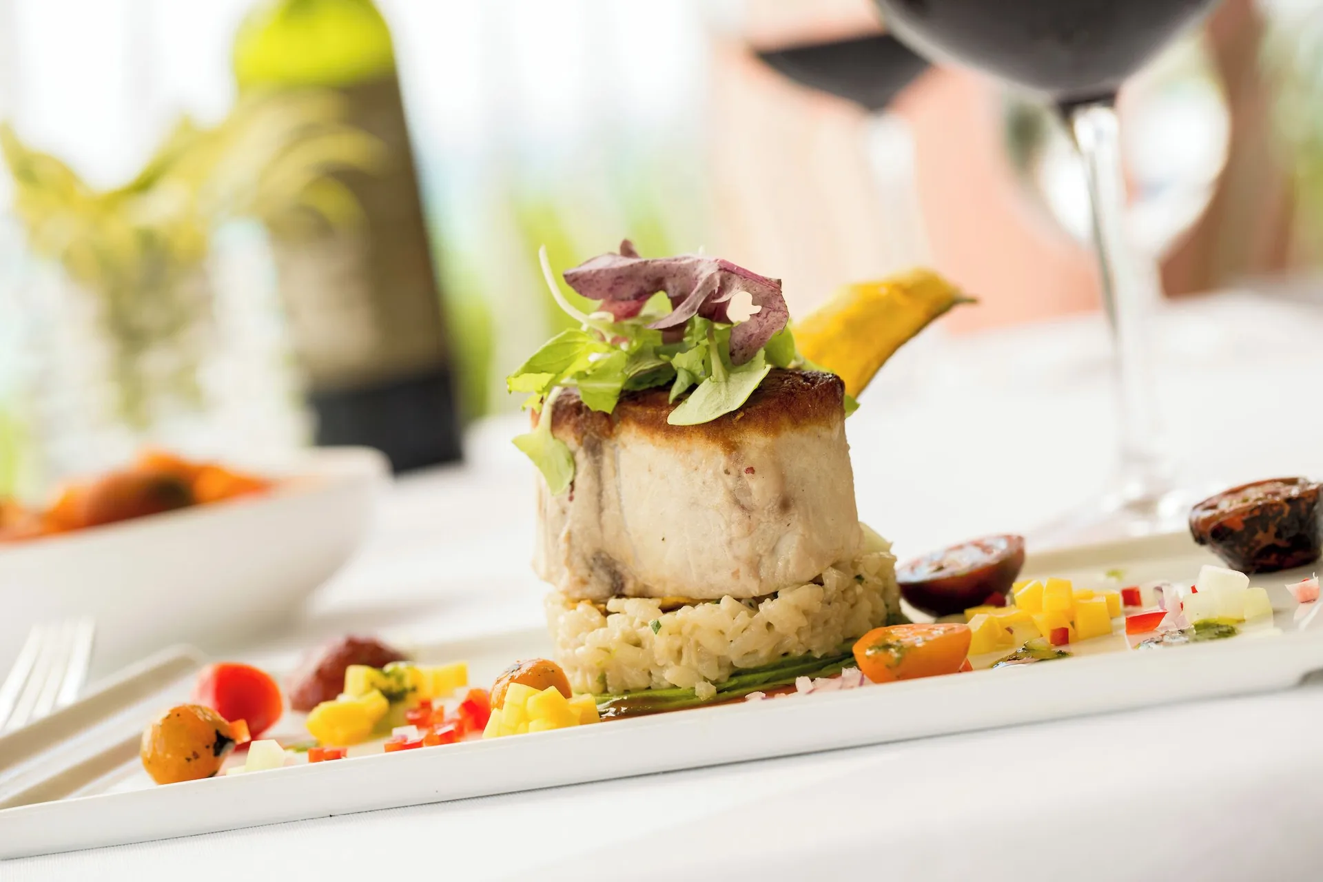 Plated fish entrée with vegetables and wine at The Buccaneer Beach & Golf Resort.