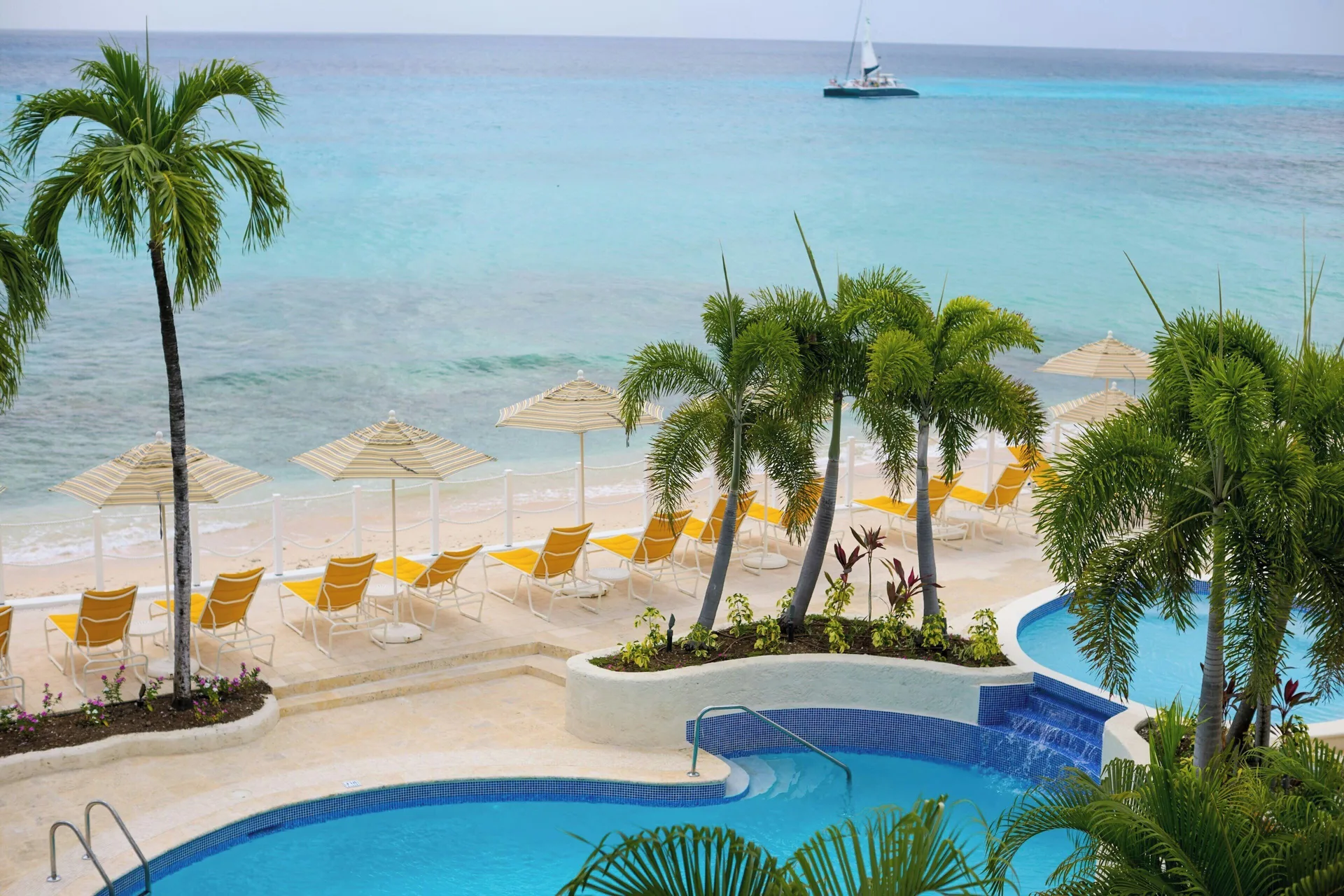 Ocean view from The House with pool, beach loungers, palms and a sailboat offshore.