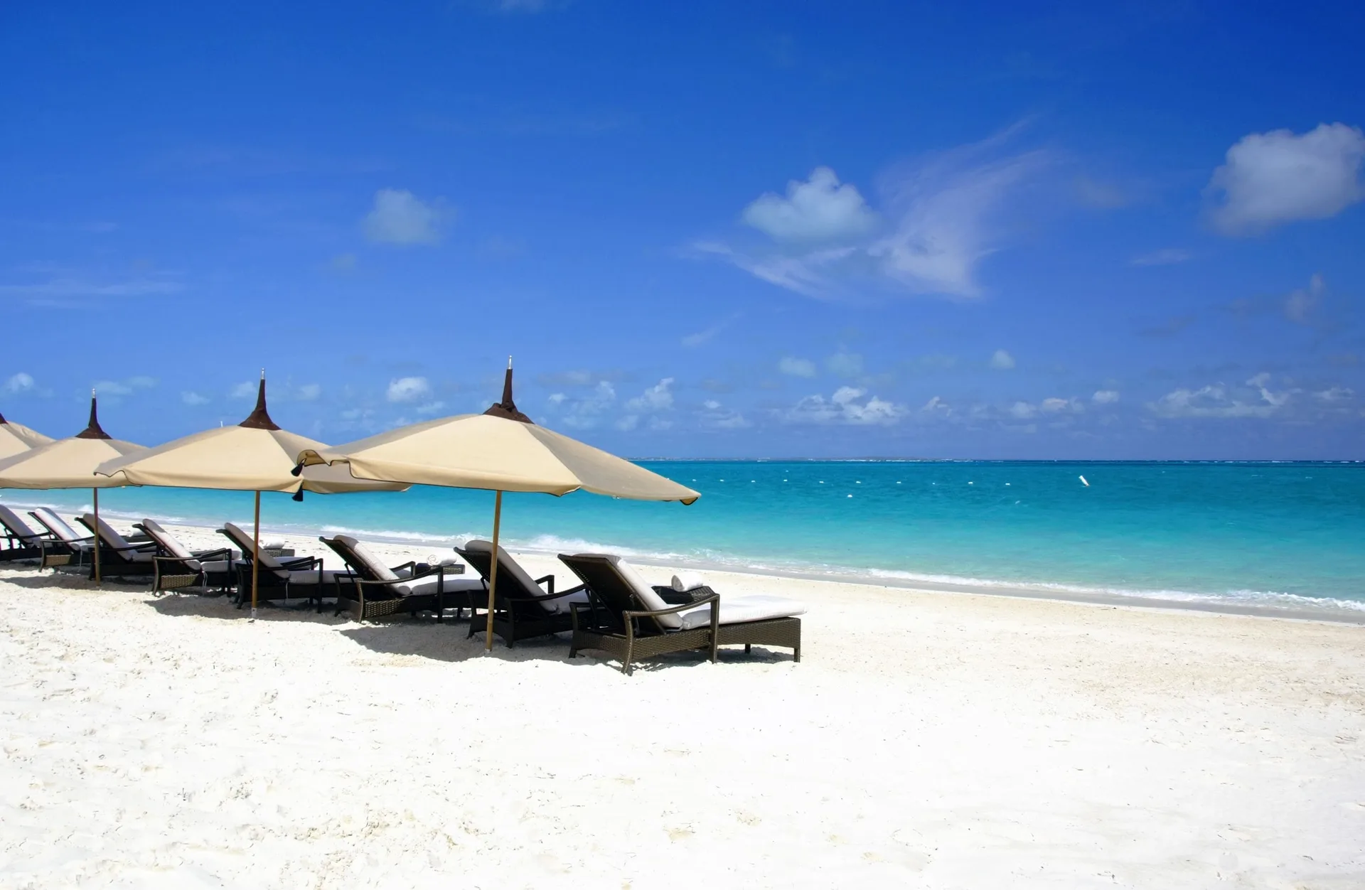 Beach loungers and umbrellas face the turquoise sea at The Somerset on Grace Bay.