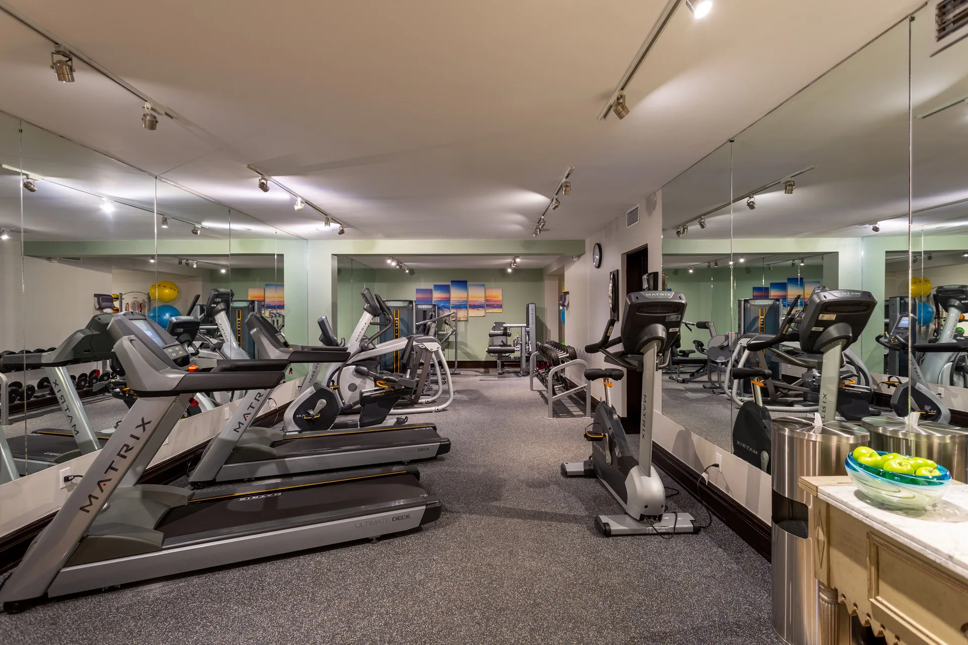 Fitness room with treadmills, bikes, mirrors, and weights at The Somerset on Grace Bay.