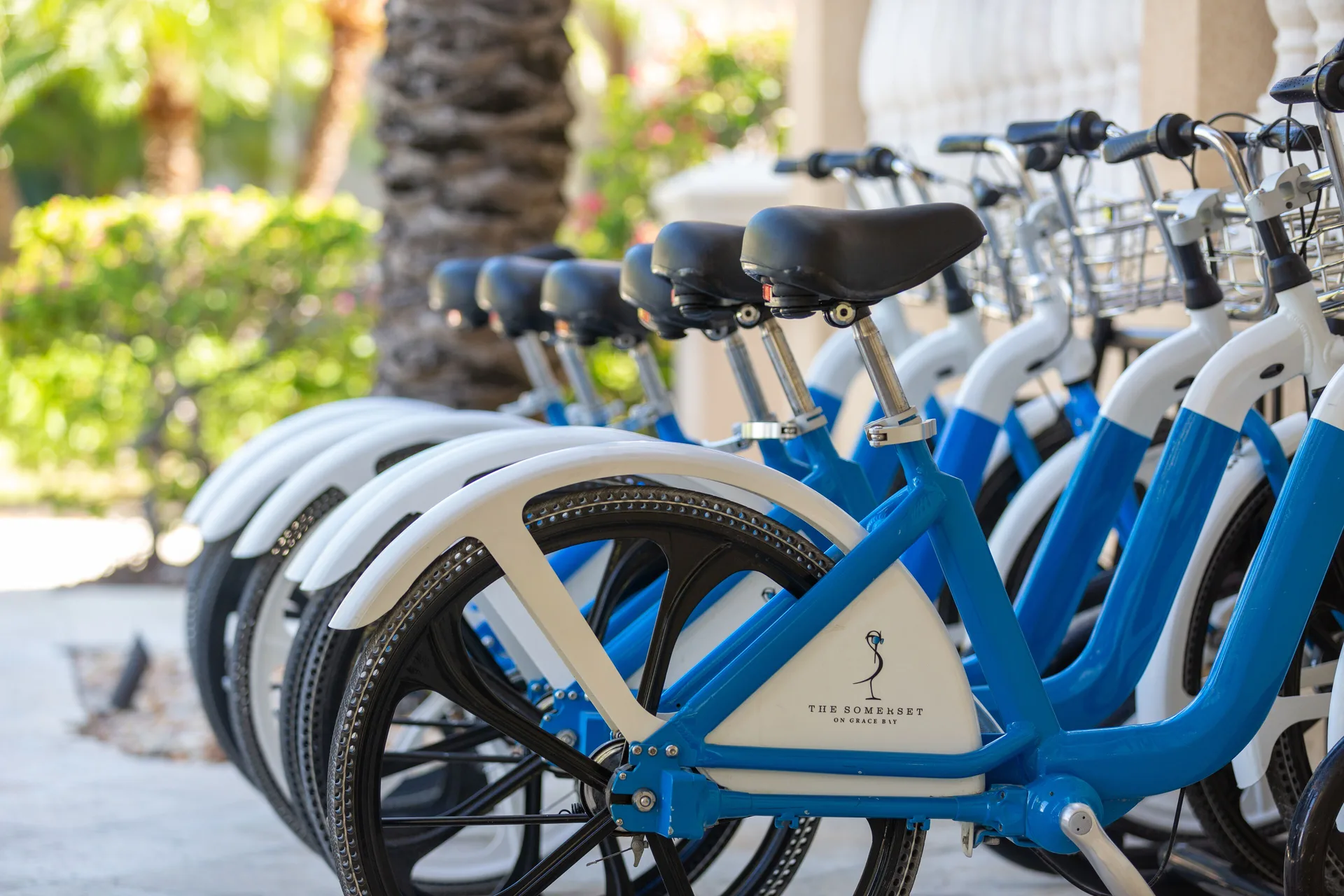 Blue and white resort bicycles lined up at The Somerset on Grace Bay.