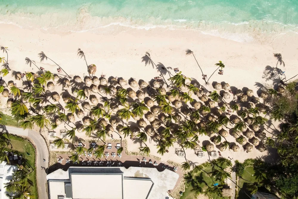 Overhead view of the sandy beach, palms, and turquoise water at TRS Turquesa Hotel.