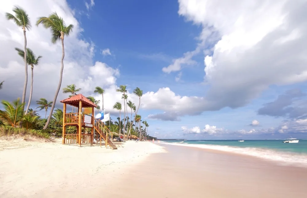 Sandy beach with palms, lifeguard tower, and turquoise water at TRS Turquesa Hotel.