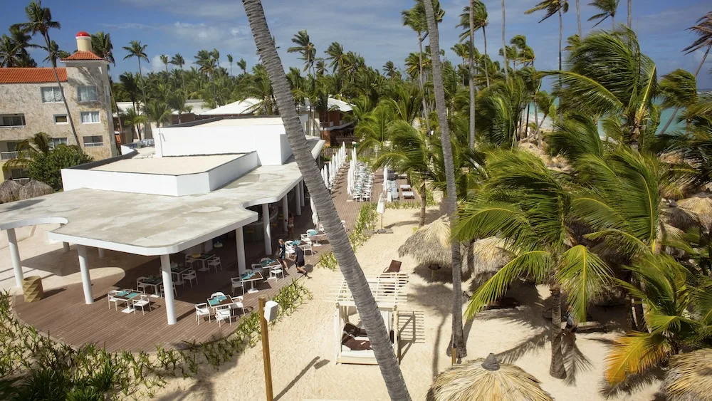 Beachside terrace, palms, loungers, and thatched shade at TRS Turquesa Hotel.