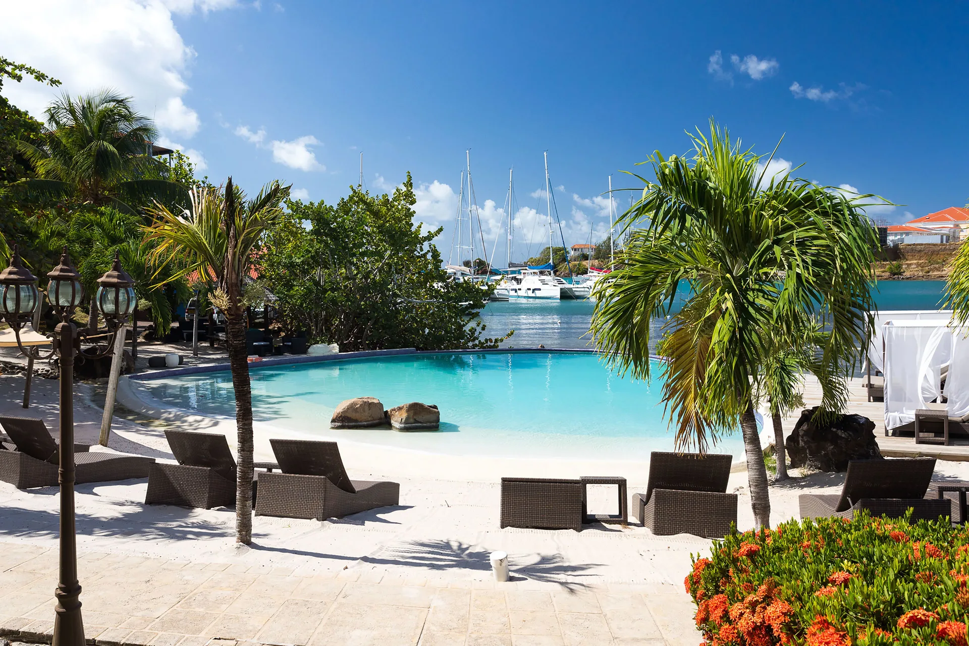 True Blue Bay Resort pool and marina view at True Blue Bay Resort with loungers and palm trees.