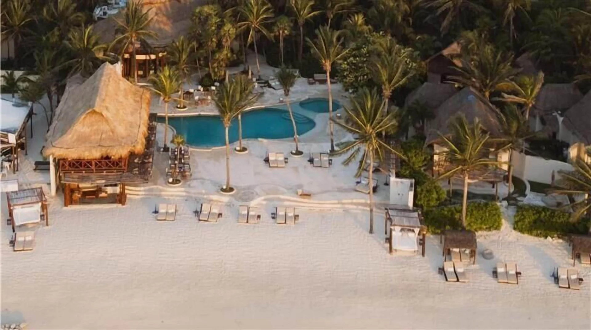 Aerial view of the beachfront pool, palapa structures, and lounge chairs at Viceroy Riviera Maya.