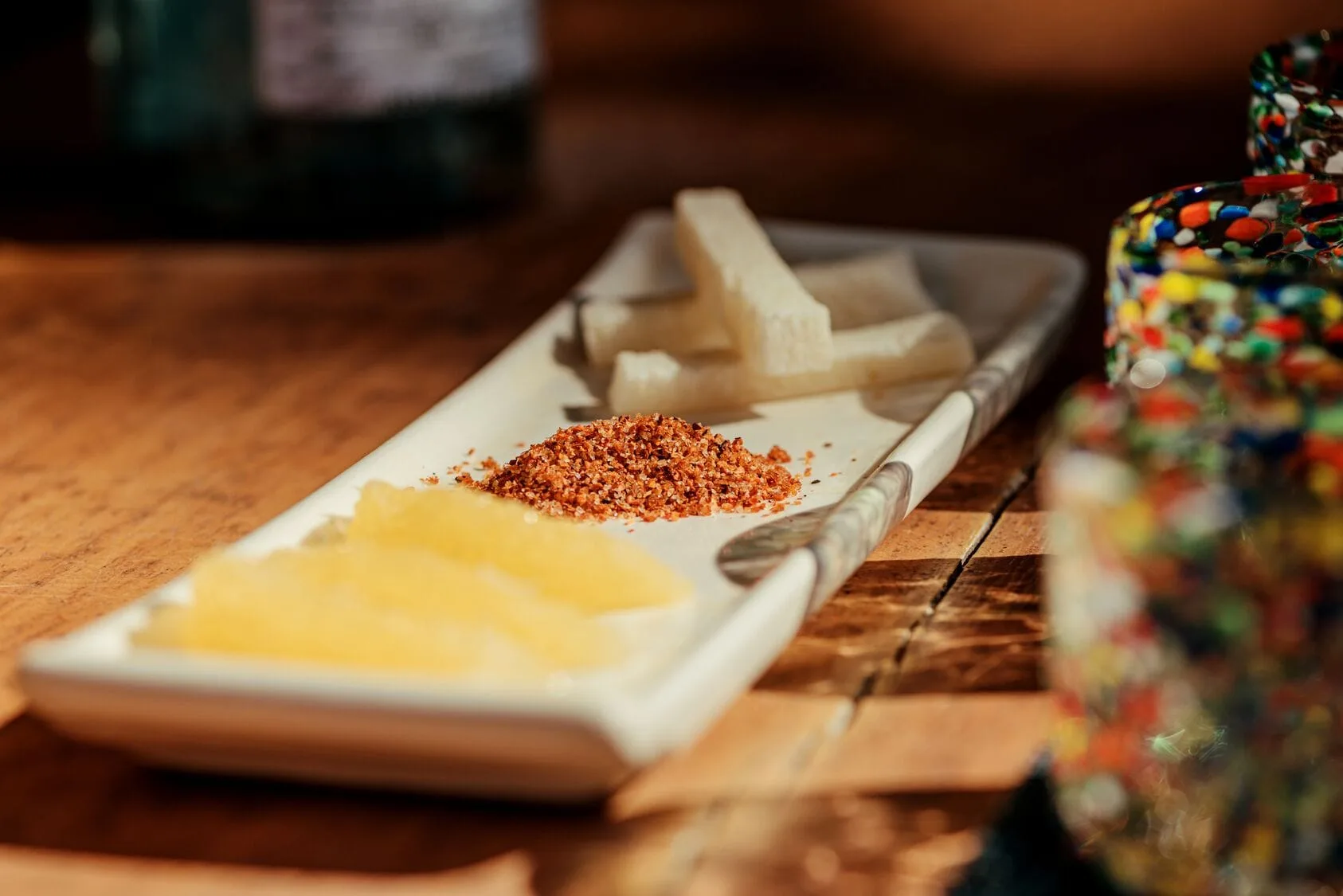 Welcome snack plate with fruit and seasoning in a Luxury Villa at Viceroy Riviera Maya.
