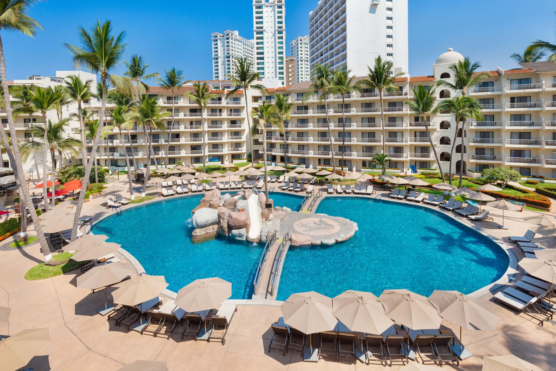 Overhead view of the main pool courtyard at Villa del Palmar Beach Resort and Spa, Puerto Vallarta.