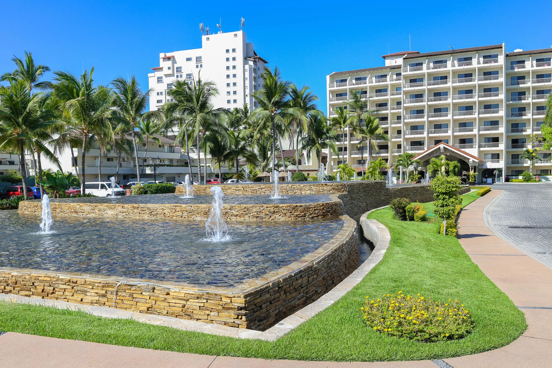 Palm-lined fountain area at Villa del Palmar Beach Resort and Spa, Puerto Vallarta.