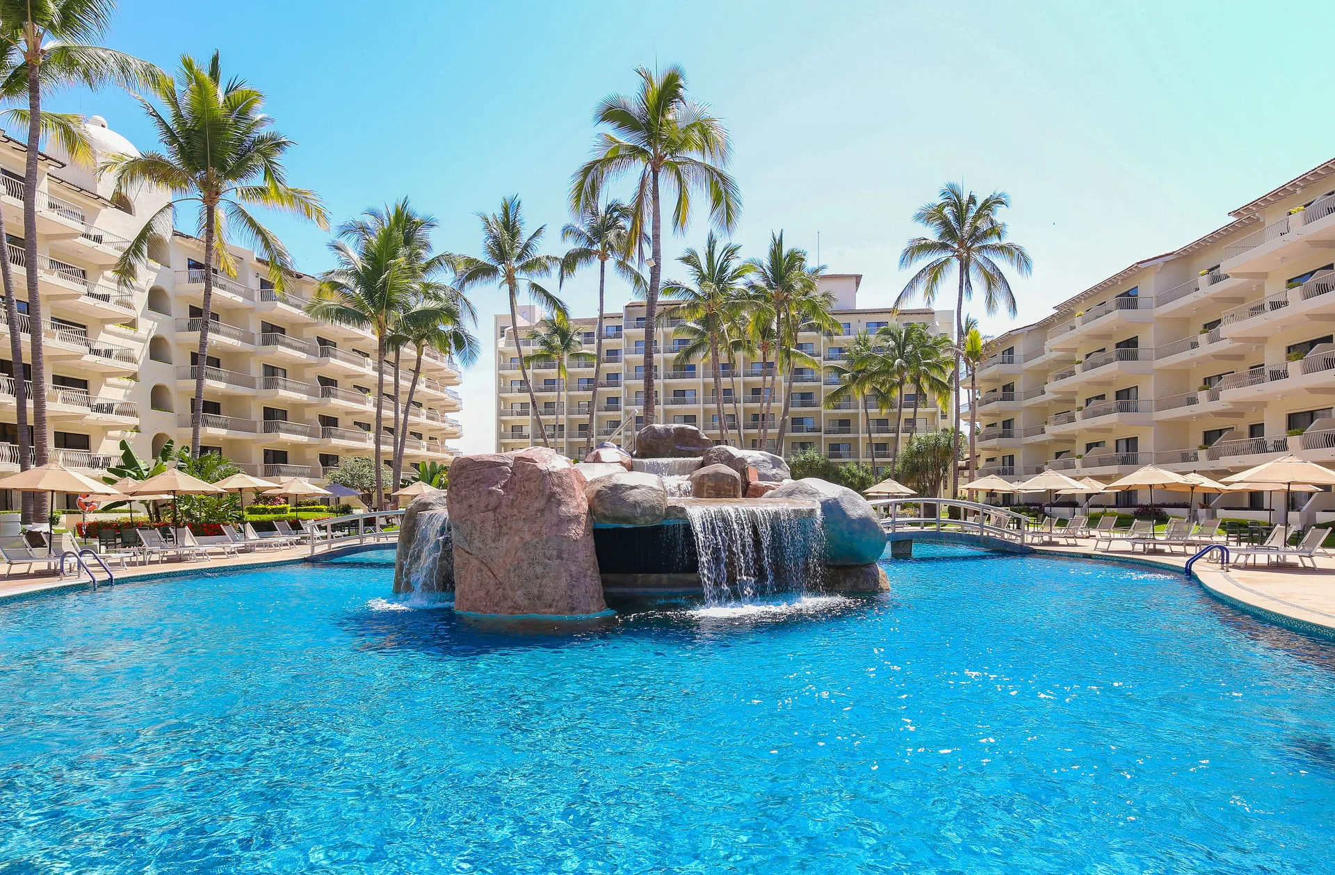 Pool with rock waterfall at Villa del Palmar Beach Resort and Spa, Puerto Vallarta.