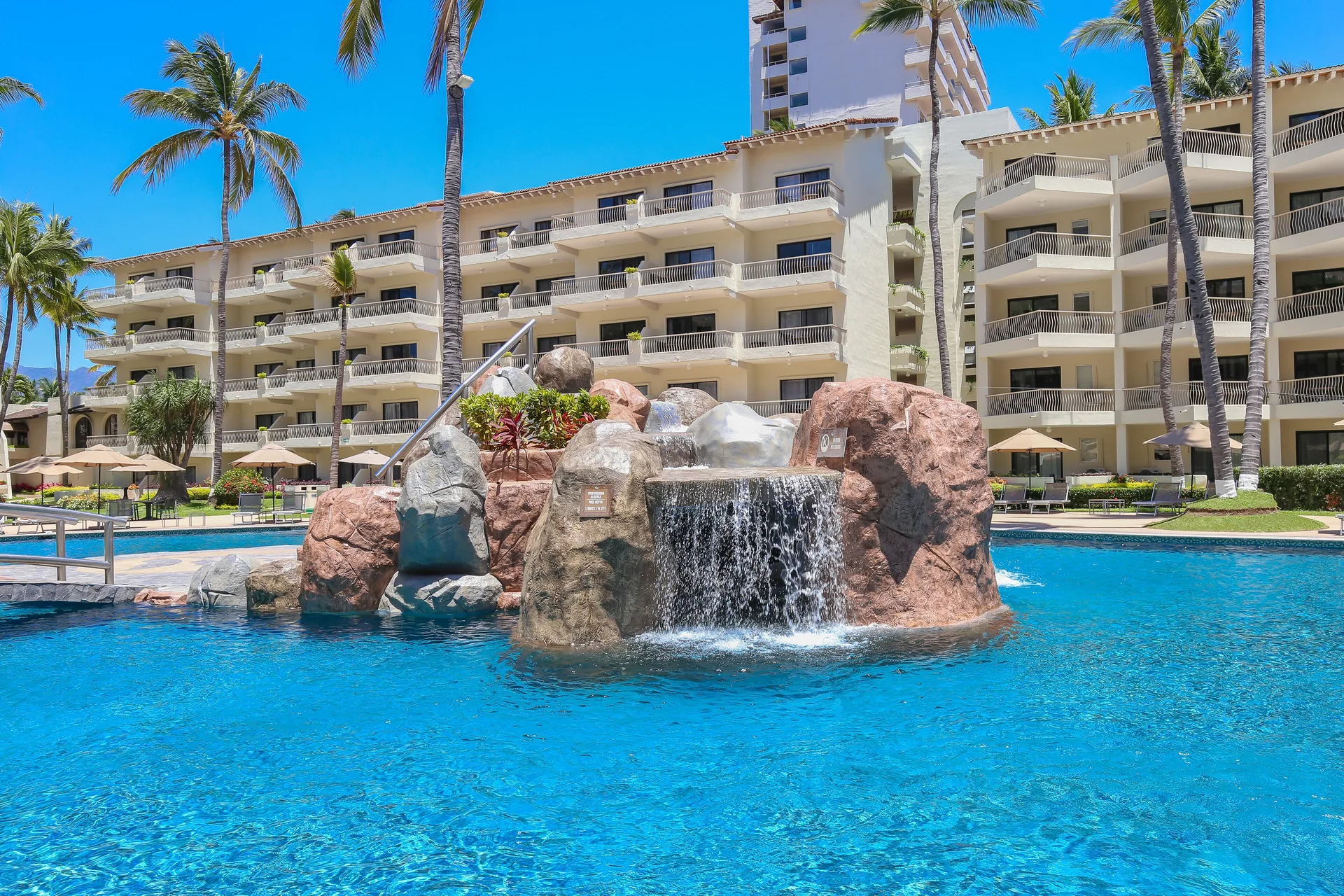 Rock waterfall in the pool at Villa del Palmar Beach Resort and Spa, Puerto Vallarta.