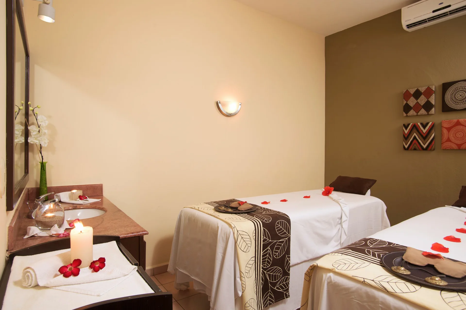 Spa treatment room with two beds at Villa del Palmar Beach Resort and Spa, Puerto Vallarta.