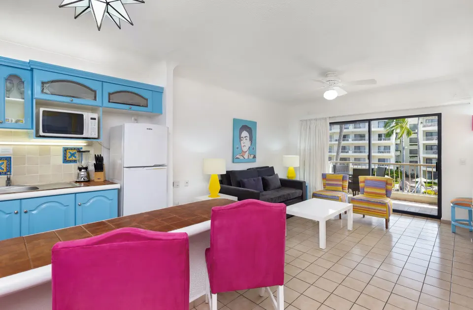 Superior One Bedroom Suite kitchen and living area at Villa del Palmar Beach Resort and Spa, Puerto Vallarta.
